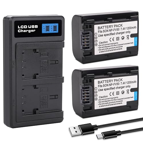 2-Pack NP-FV50 Battery with USB-C Smart LCD Dual Charger for Sony NP-FV30,NP-FV40 Batteries;Sony FDR-AX53 HDR-CX230 HDR-CX220 CX330 CX380 CX455 CX900