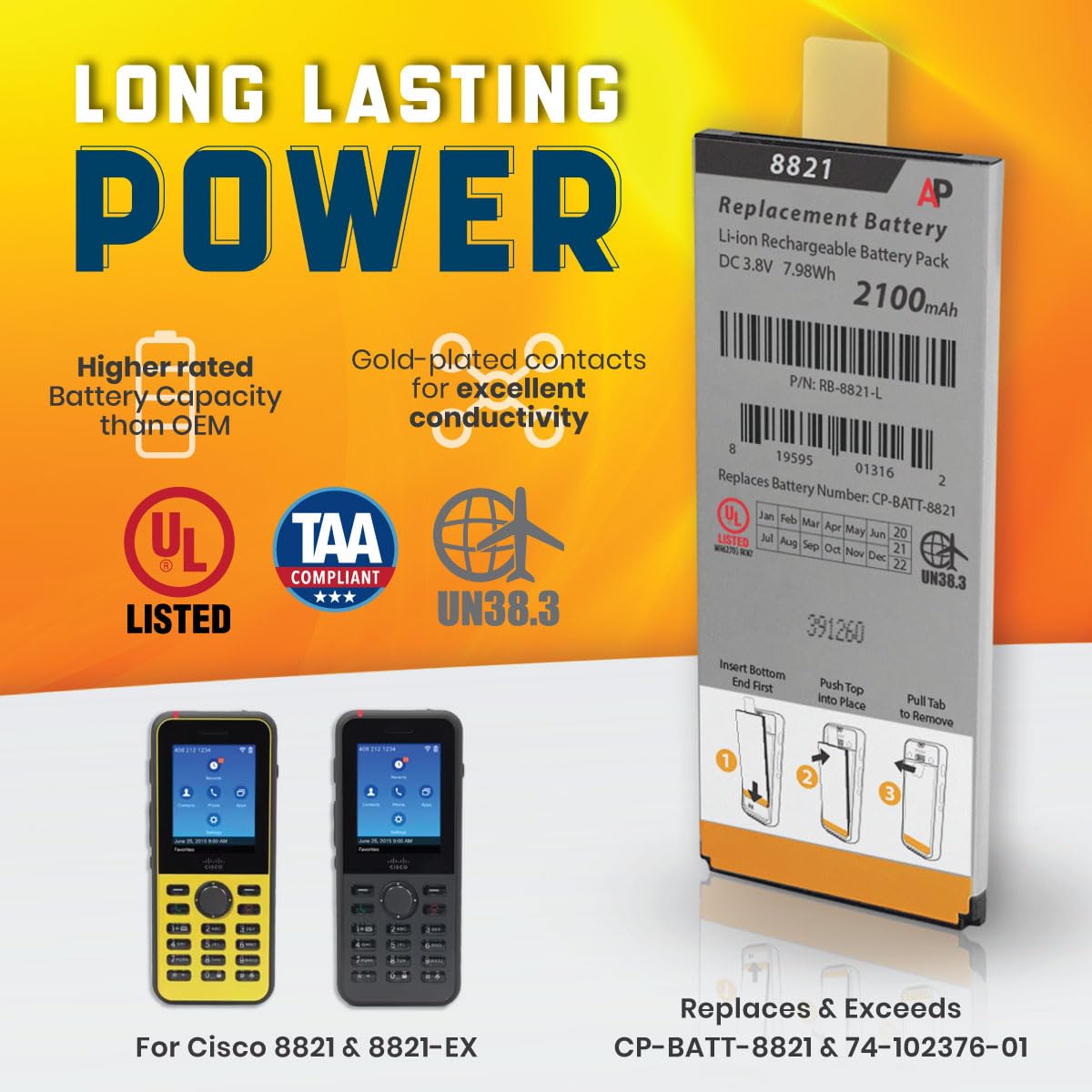 Artisan Power - Replacement Battery for Cisco 8821 and 8821-EX Phones - Replaces CP-BATT-8821-2100 mAh Replacement Phone Battery for Cisco 8821