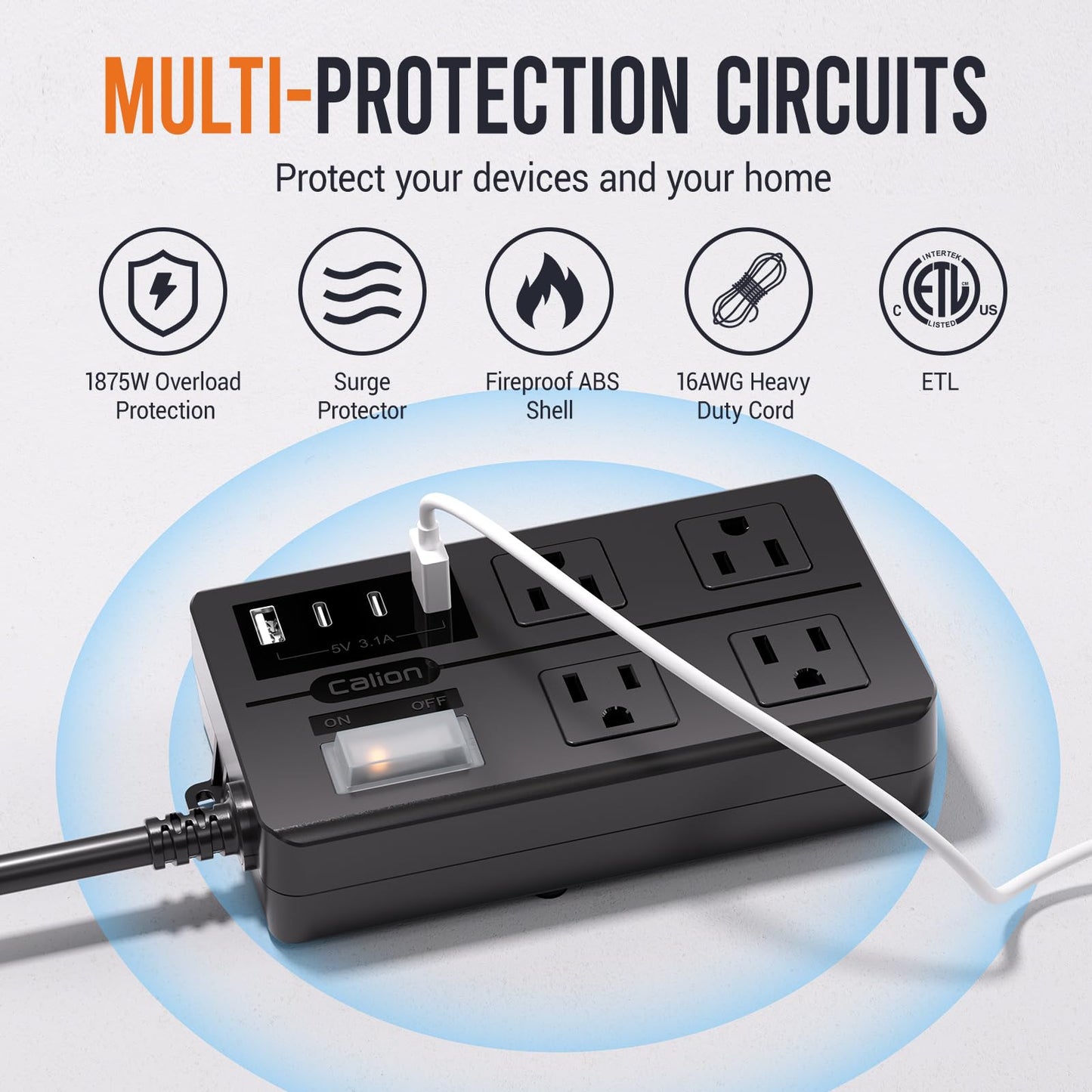 15FT Outdoor Waterproof Power Strip Surge Protector with 4AC Outlets 4USB Ports Power Switch Safety Lock, ETL Certified for Patio Garden Charging