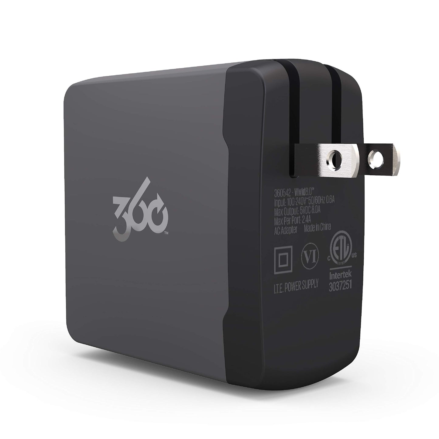 360 Electrical 360542 Vivid 8.0 USB Wall Charger with Four USB Ports, 8.0 Amp (40 Watt) Charging Power, Folding Plug, LED Guide Lights and Charge