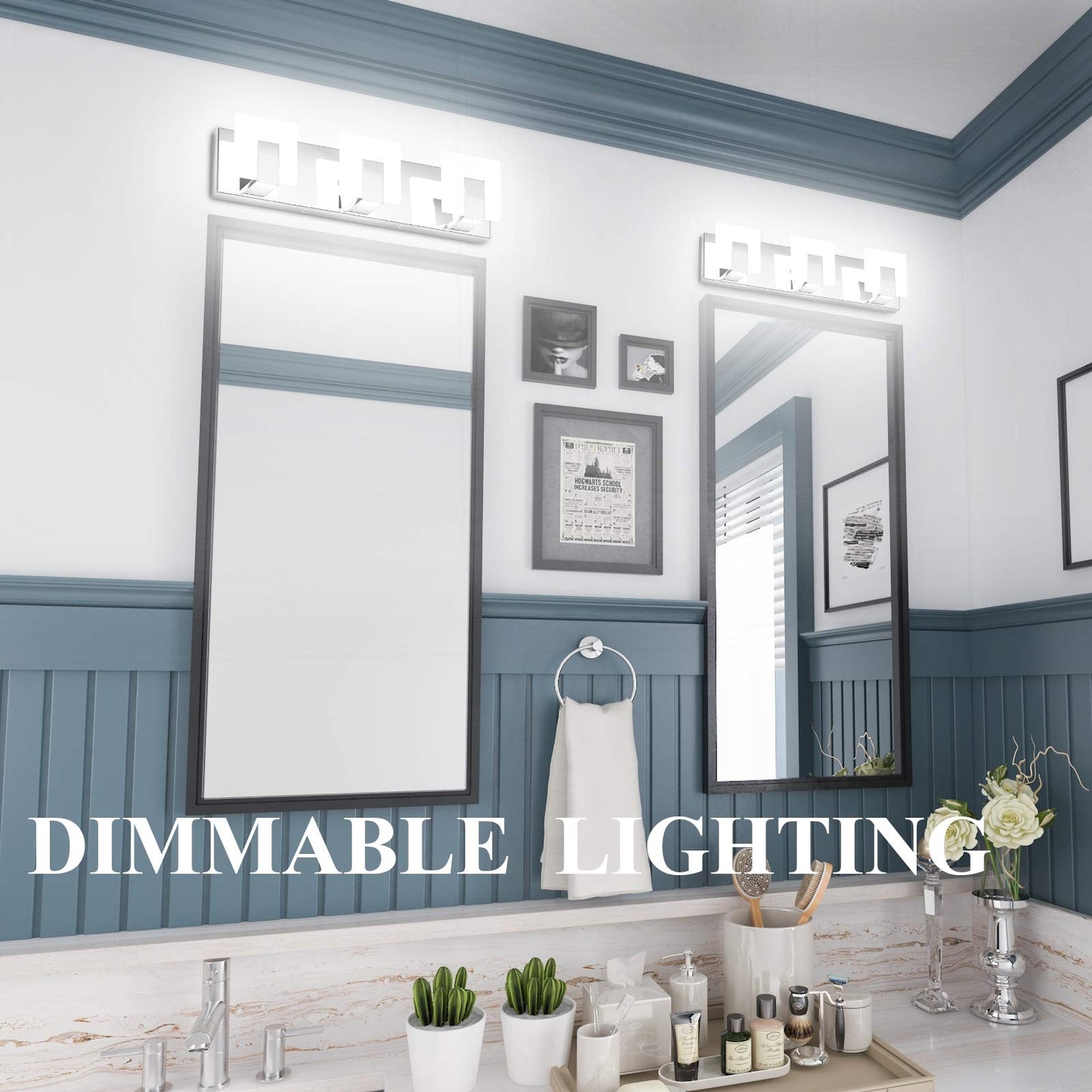 Aipsun 3 Lights Dimmable Modern LED Vanity Light for Bathroom Frosted White Acrylic Chrome Up and Down Bathroom Wall Light Fixtures Over Mirror(White