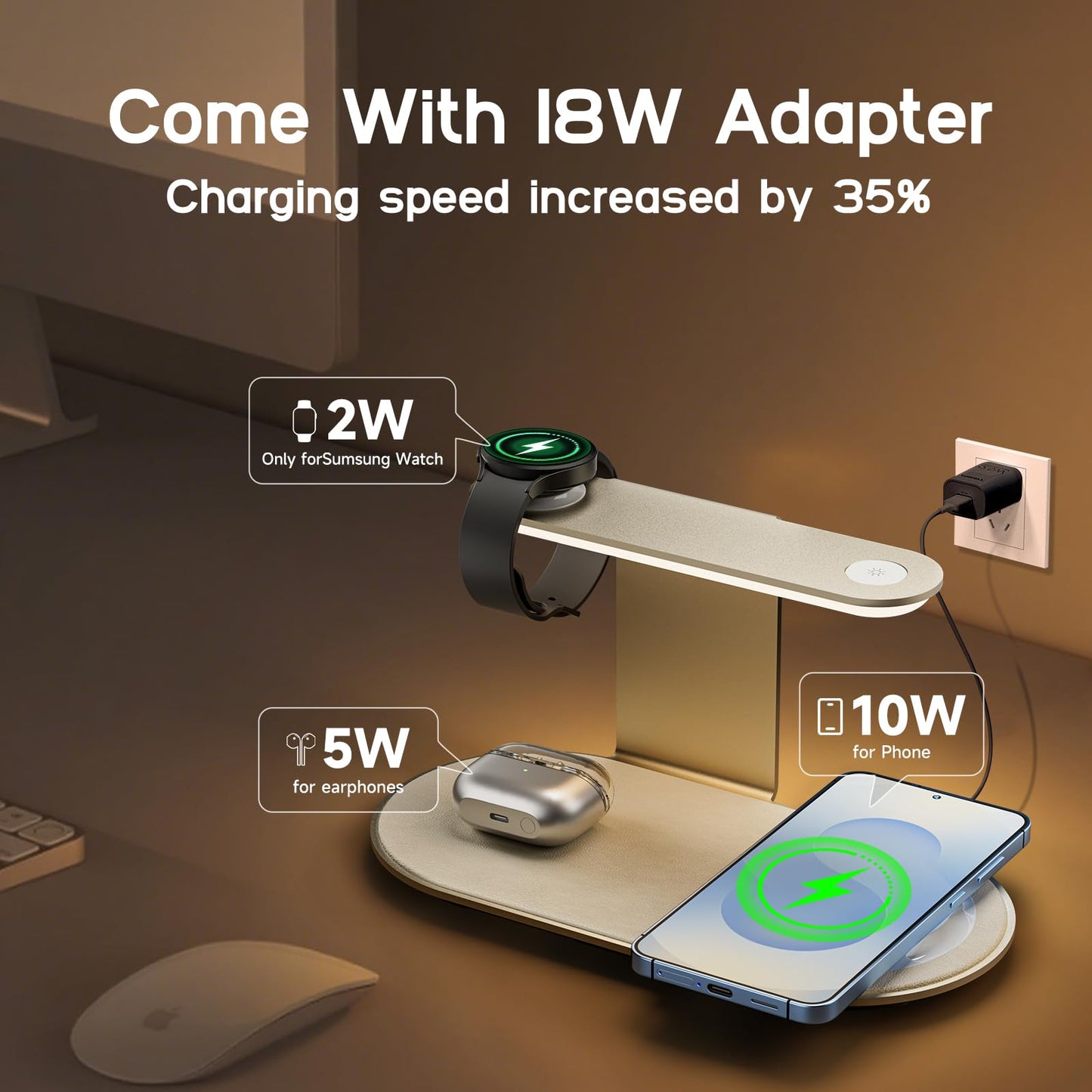 Aluminum 4-in-1 Charging Station for Samsung/Android with 3-Level Night Light, 18W Wireless Charger for Galaxy S25 Ultra/S24/S23/S22/Note 20,Galaxy