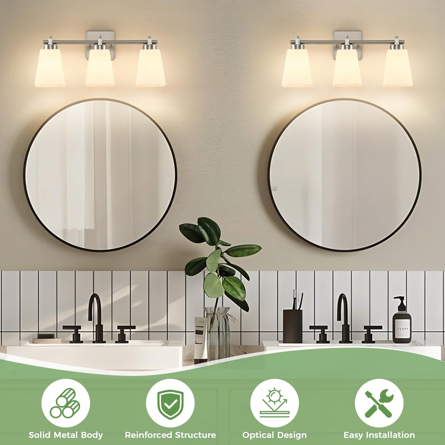 ECOBRT 3-Light Modern Bathroom Vanity Light, Wall Sconce Over Mirror with Milky White Frosted Glass Shades, E26 Socket (Bulbs Not Included)