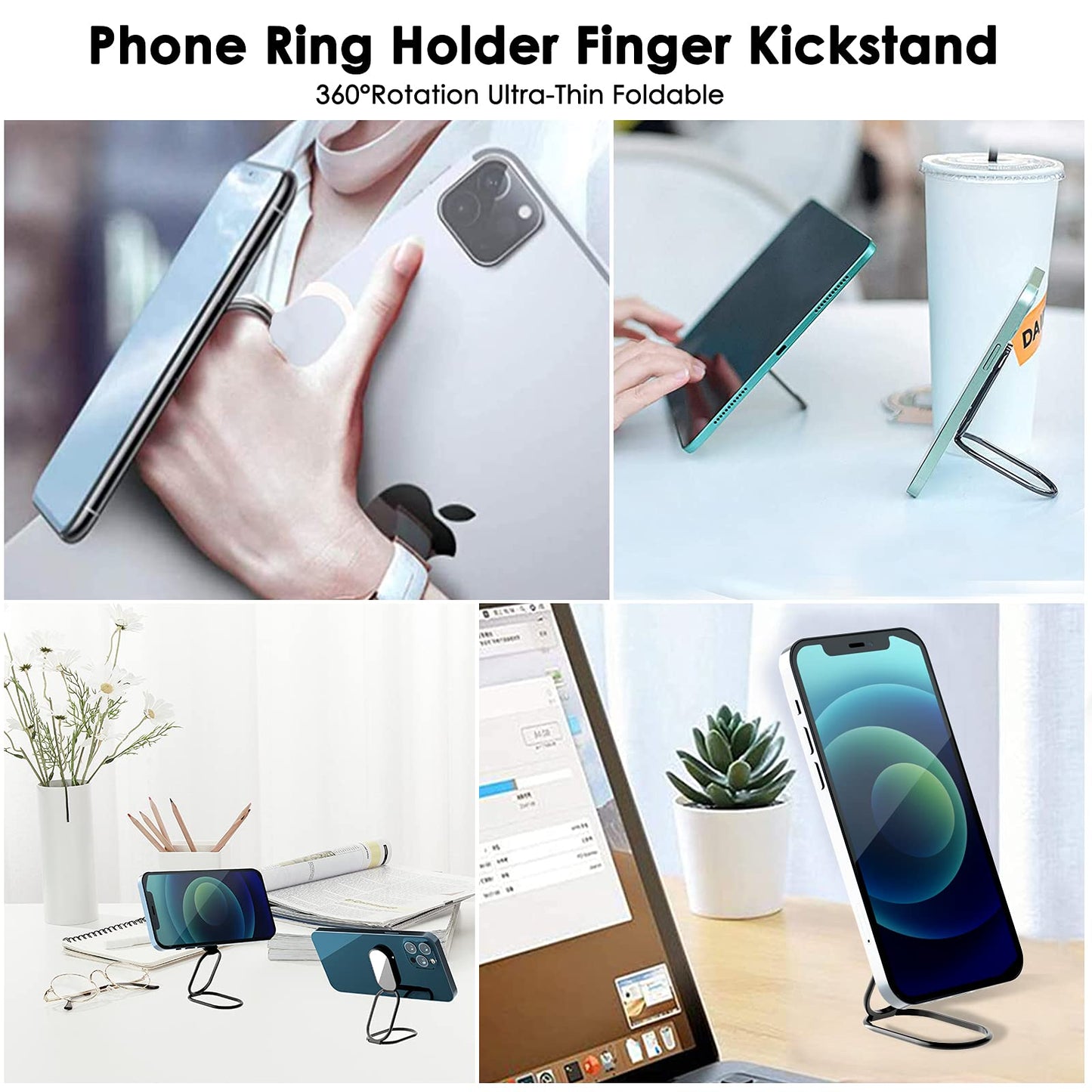 Phone Holder Foldable Phone Stand Phone Ring Holder Finger Kickstand 360° Rotation Cell Phone Stand Metal Phone Grip for Magnetic Car Mount Sticky