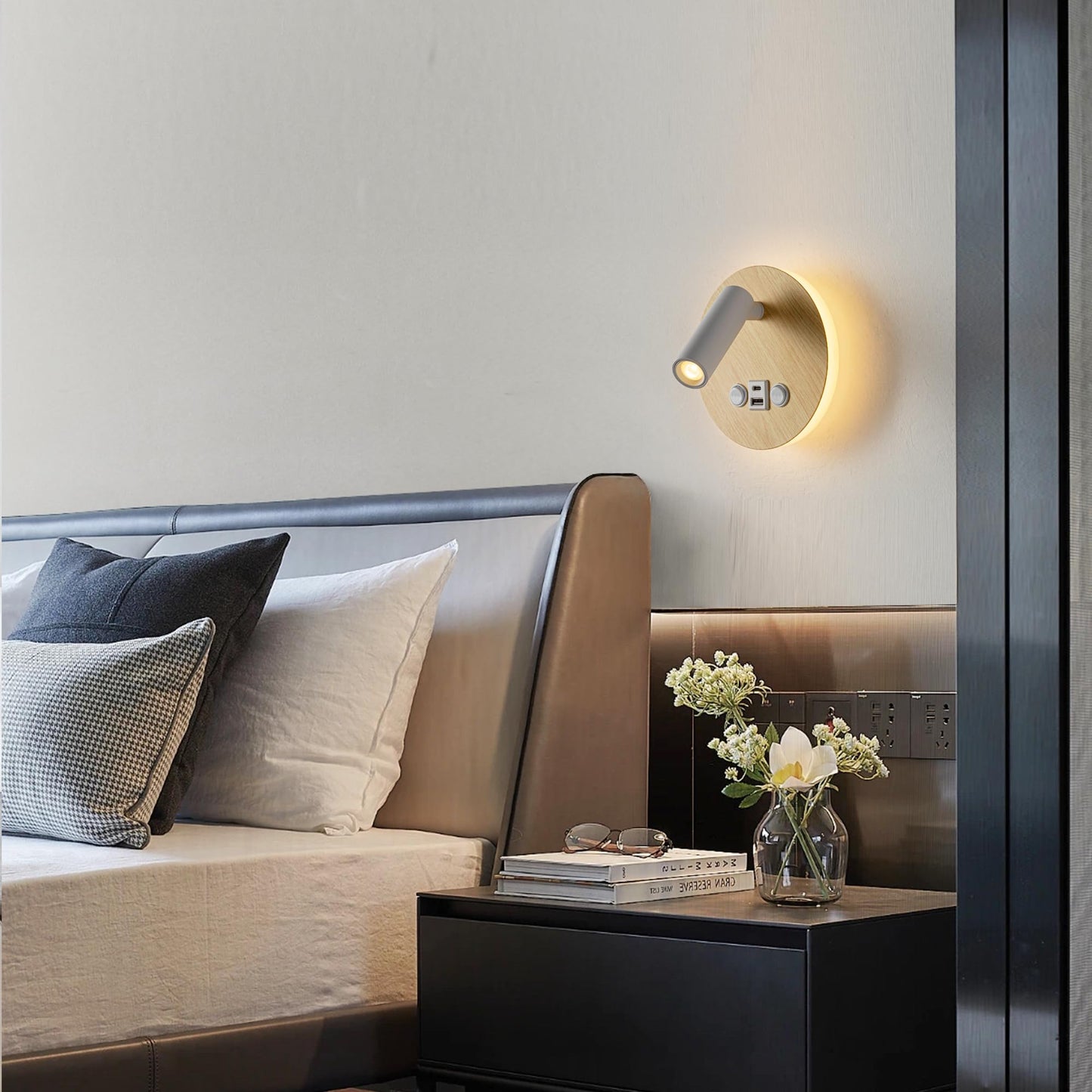 Modern Multi-Purpose Wall Sconces?5.9" Wood Grain Hardwired Wall Light Fixture with USB/Type-C Charging Port for Bedroom/Stdudy, Rotatable Spotlight