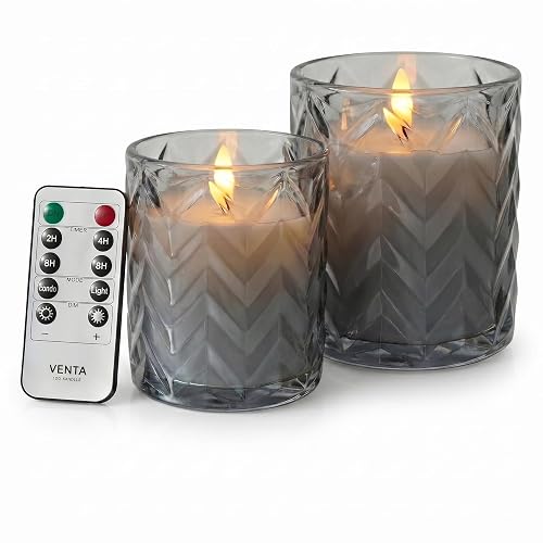 VENTA LED Candles 2 Pack - Grey Hobnail Glass Flameless Candles with Remote and Timer - Realistic Flickering Battery Operated Pillars - Vintage