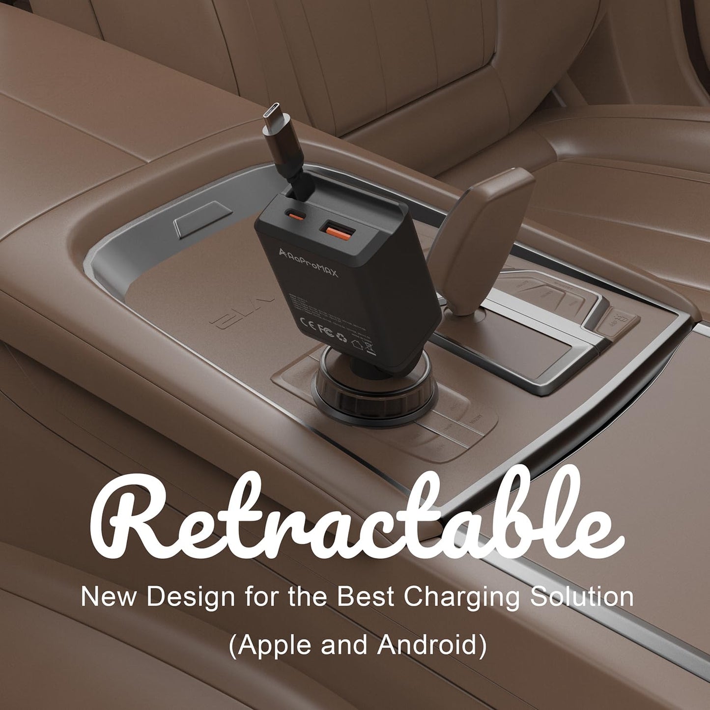 Retractable Car Charger, Total 75W Fast Charger 3 in 1 USB C Car Adapter, Retarctable Type C Cable (30 inch) and 2 USB Ports, Compatible with iPhone