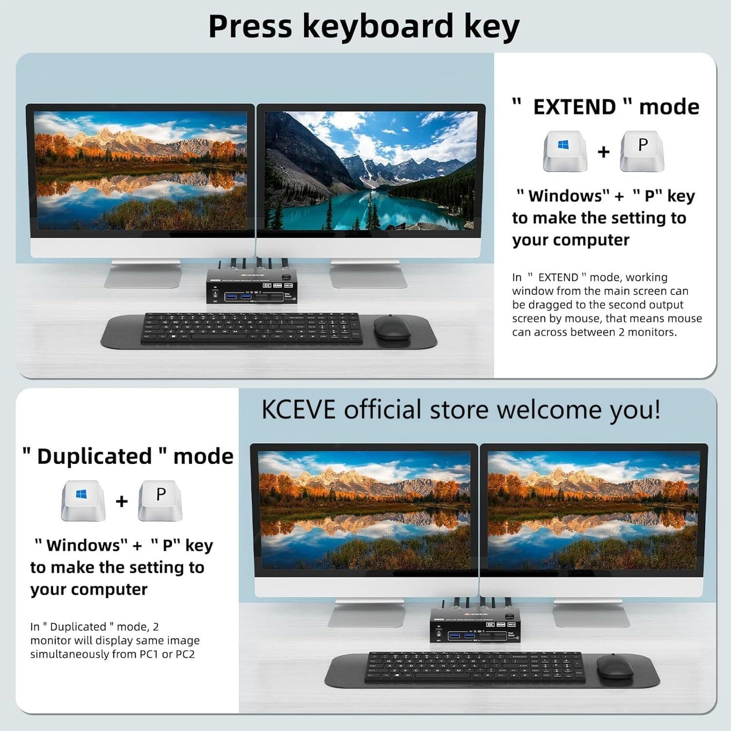 8K KVM Switch 2 Monitors 2 Computers Displayport HDMI, Dual Monitor USB 3.0 DP KVM Switcher Supports 8K@60Hz for 2 Computers Share Keyboard, Mouse