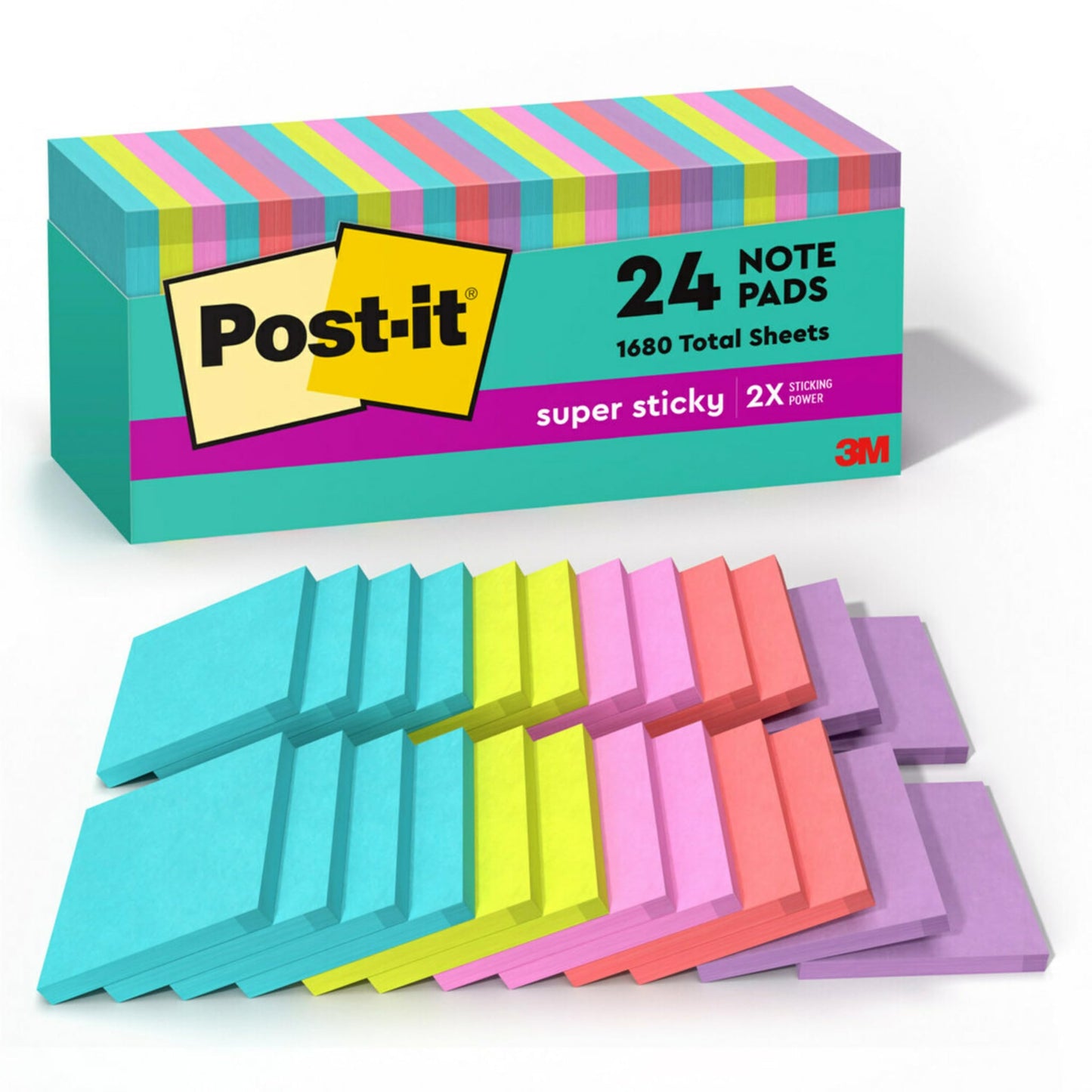 Post-it Super Sticky Notes, 3 x 3 in, Supernova Neons, 24 Pads