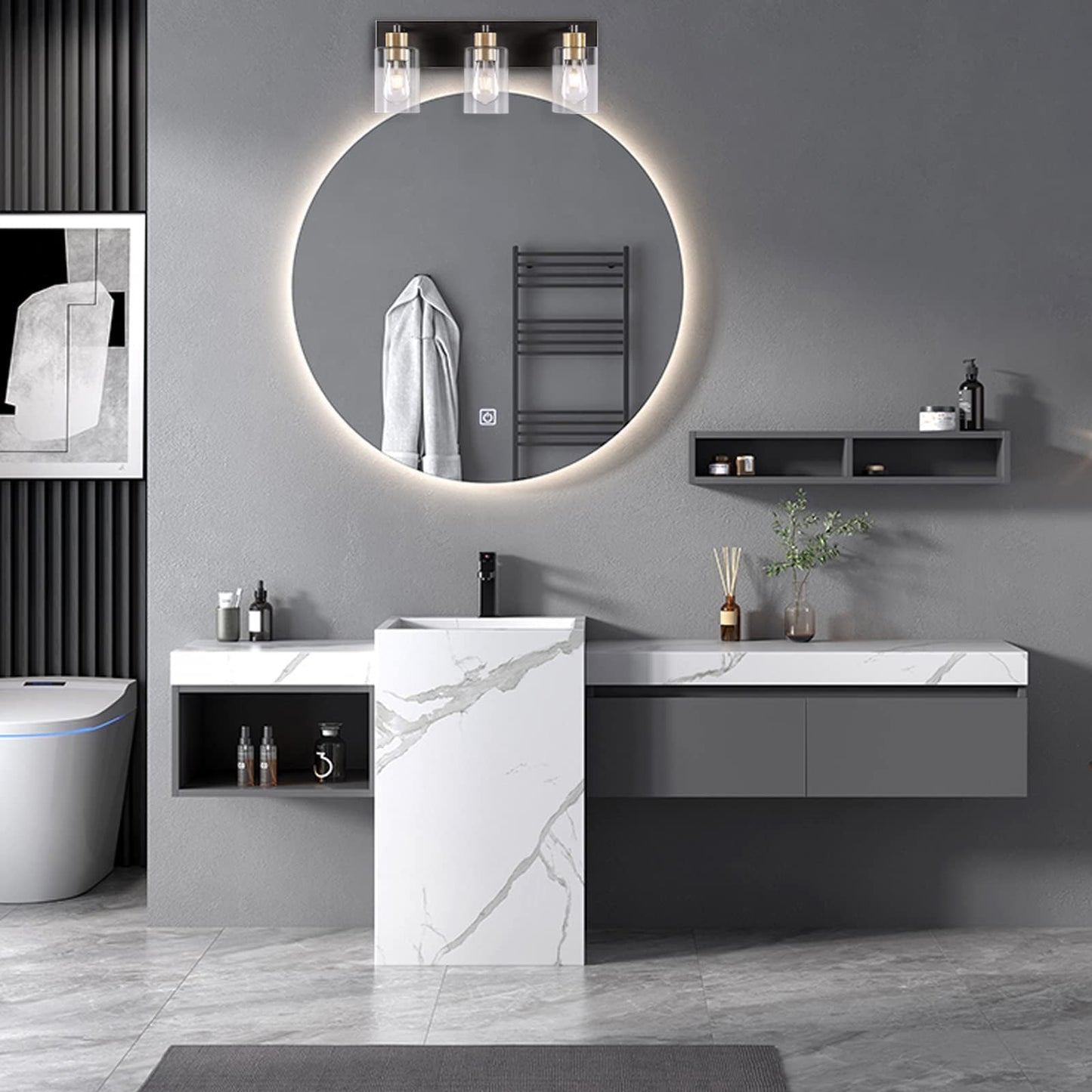 Chosenior 3-Light Black and Gold Bathroom Light Fixtures Over Mirror, Modern Vanity Lights with Clear Glass Shade Wall Sconce Lighting for Bathroom