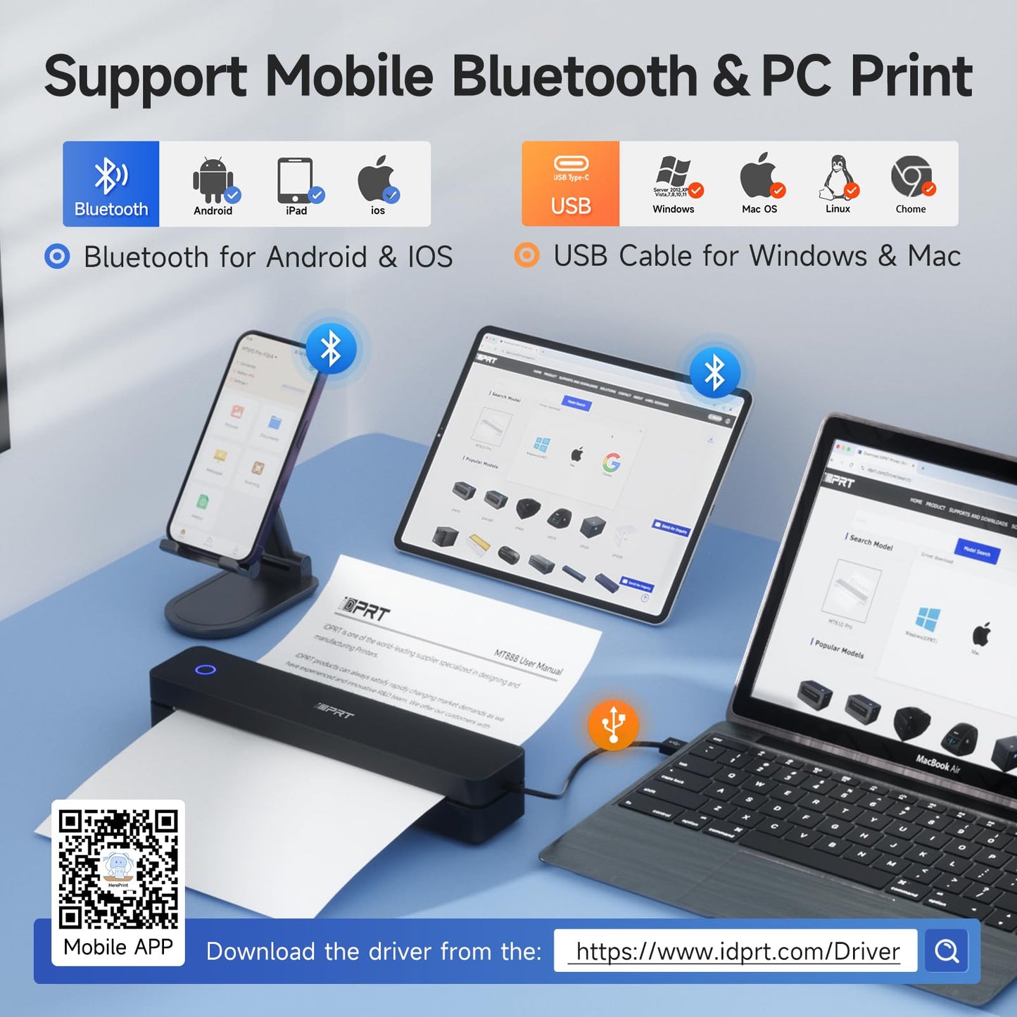 iDPRT Portable Thermal Printer, MT610 Pro Wireless for Travel, 300 DPI Bluetooth Inkless Printer Support 8.5" X 11" US Letter Thermal Paper for Home