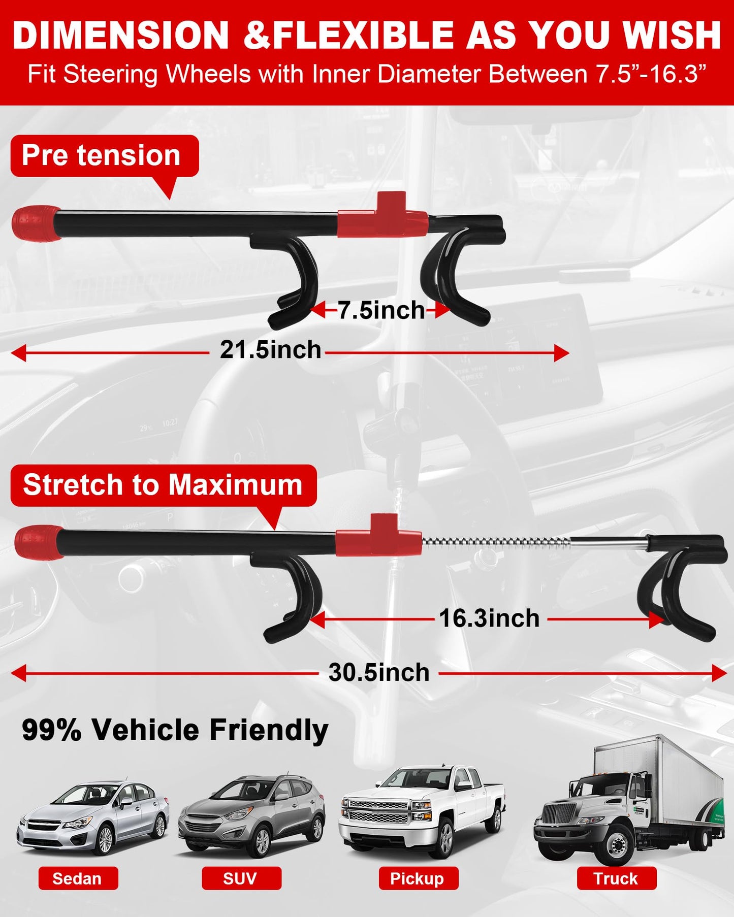 Tevlaphee Car Steering Wheel Lock Great Deterrent Adjustable Car Lock Steering Wheel Anti Theft Car Device for Vehicles,Trucks,Vans,SUVs (Black)
