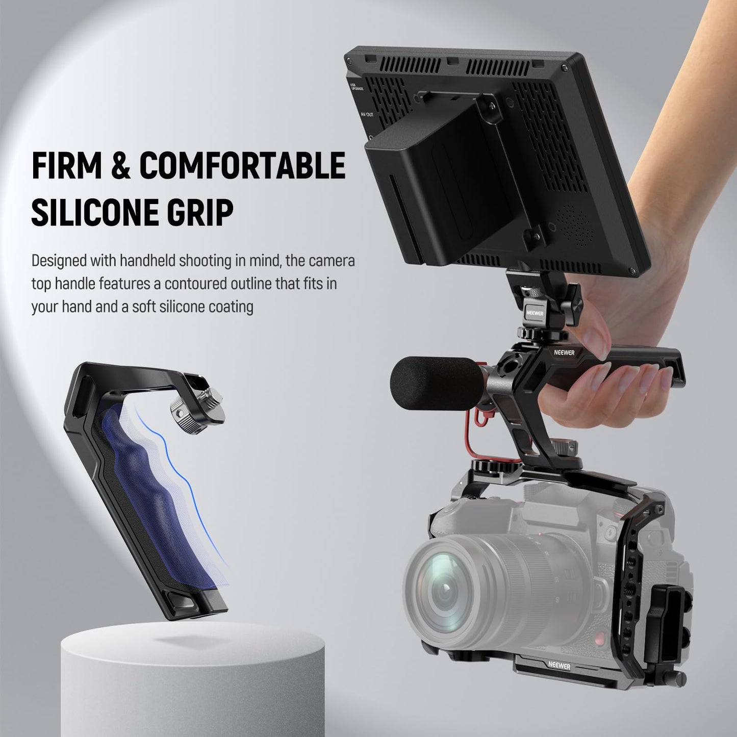 NEEWER CA007 Top Handle + MA006 Monitor Mount Set, Camera Cage Handle with 3/8" ARRI Locating + Cold Shoe Monitor Mount with 180° Tilt Damping for 5"