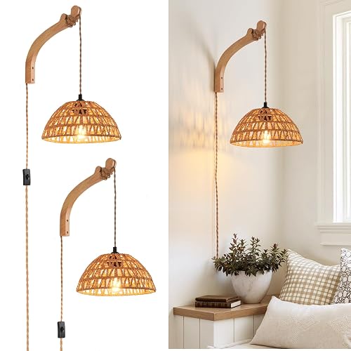 CAFULAM Plug in Wall Sconce,Farmhouse Wicker Wall Lamp Plug in,Hand Woven Rattan Wall Light Farmhouse Rustic Boho Sconces Wall Lighting for Living