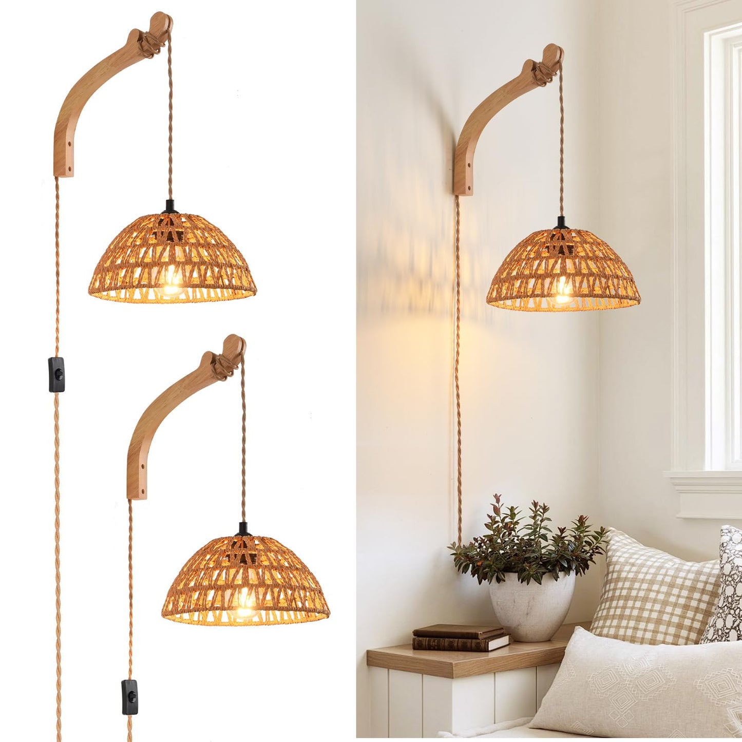 CAFULAM Plug in Wall Sconce,Farmhouse Wicker Wall Lamp Plug in,Hand Woven Rattan Wall Light Farmhouse Rustic Boho Sconces Wall Lighting for Living