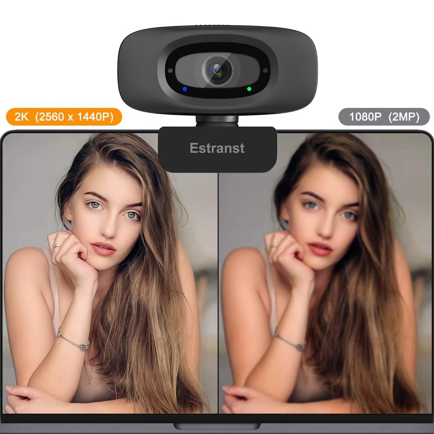 Estranst 2K Quad HD Webcam with Privacy Cover & Noise-Canceling Microphone & USB C Adapter, Video Web Streaming Camera for PC Computer Desktop Laptop