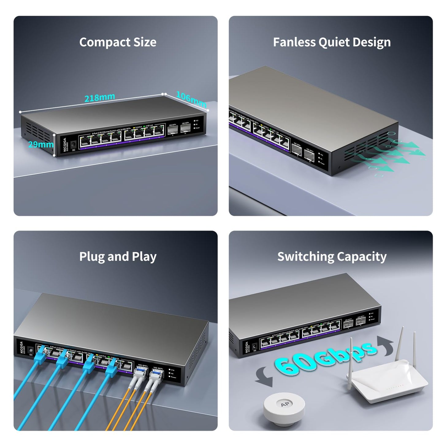 10 Port 2.5Gb Unmanaged Ethernet Switch with 8* 2.5G Base-T Ports + 2* 10G SFP+ Ports. NICGIGA 8 Port 2.5Gbps Network Switch for 2.5Gbps NAS/PC, WiFi6