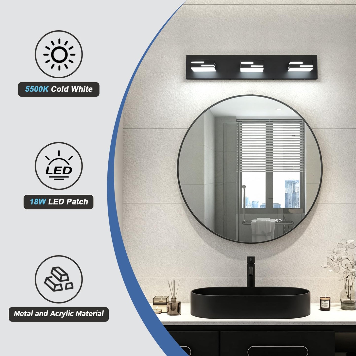 MKBNG 3-Light Modern Bathroom Vanity Light Fixtures, 24-Inch 350° Rotatable LED Vanity Lights Over Mirror, Matte Black Metal Wall Sconce with Acrylic