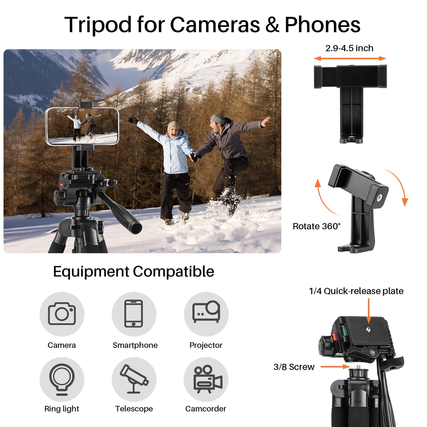 Fotopro 69'' Camera Tripod Lightweight Portable Travel Tripod for Camera and Phone with Detachable 3-Way Pan Head Phone Stand for Video Recording