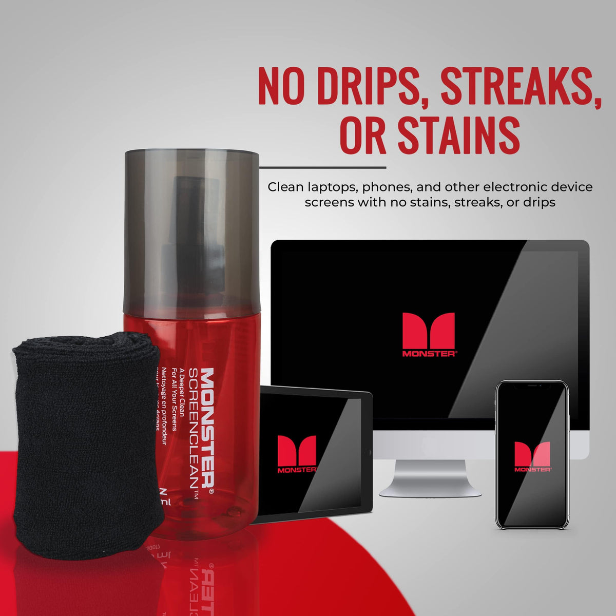 Monster Screen Cleaner Kit with Microfiber Cloth, 6.7 oz (200 mL) Monitor Cleaning Spray for HDTVs, Laptops, Tablets, Smartphones and Eyeglasses, White/Black/Red