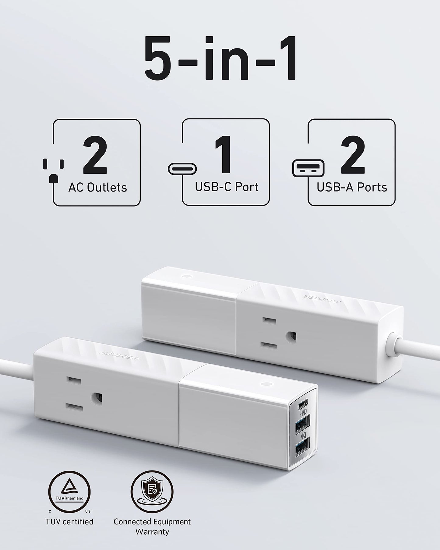 Anker 511 Power Strip with USB C, for Travel, 2 Outlets & 3USB Ports, 5ft Soft Extension Cord 30W Power Delivery - iphone16/15,Protable