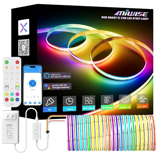 MIWISE RGB Smart IC COB LED Strip Light,32.8ft Color Chasing Flexible LED Tape Light,WS2811 Addressable RGB Strip with APP Control/Music Mode,Work