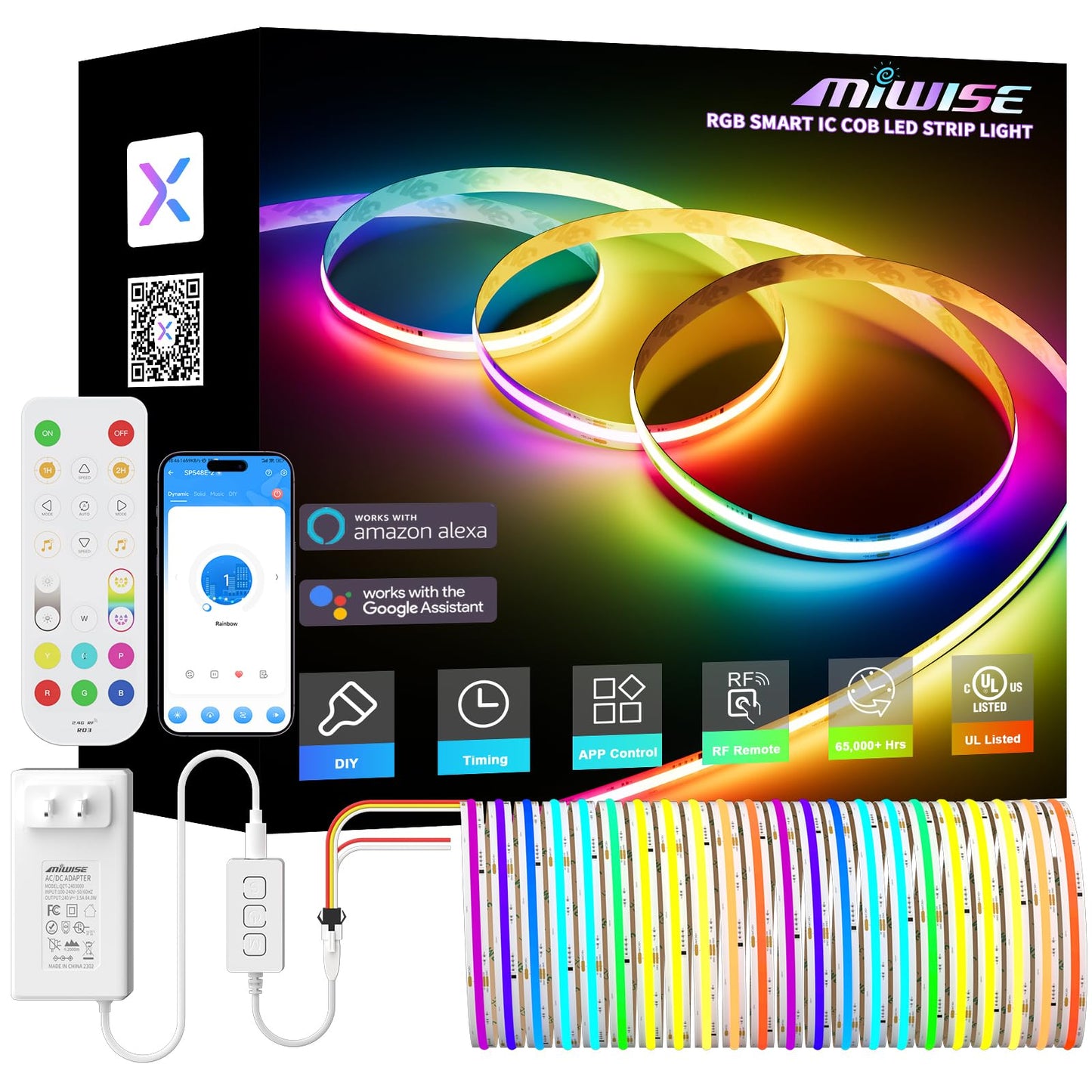 MIWISE RGB Smart IC COB LED Strip Light,32.8ft Color Chasing Flexible LED Tape Light,WS2811 Addressable RGB Strip with APP Control/Music Mode,Work