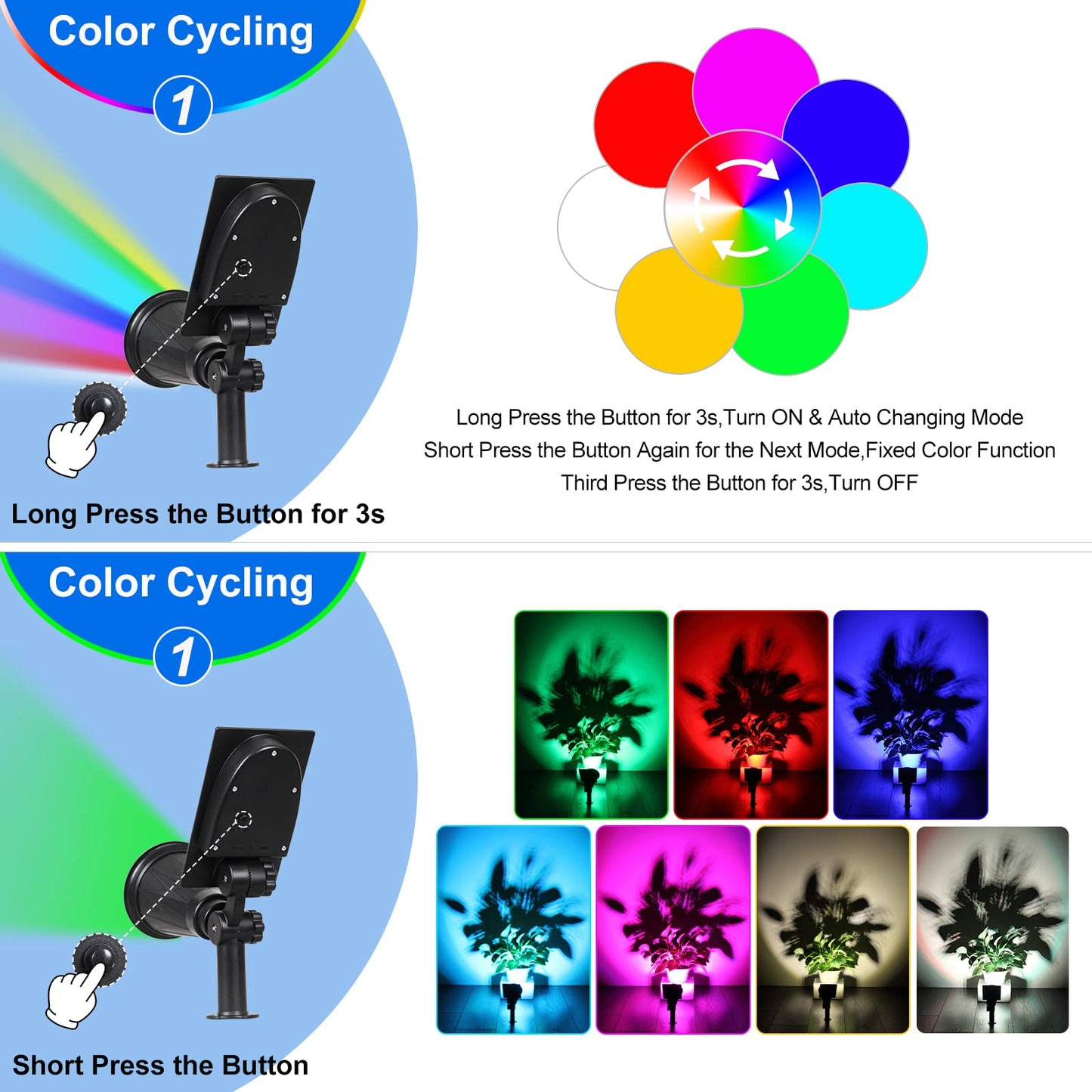 T-SUN Solar Spotlights, Color Changing 7 LED Waterproof Solar Garden Lights, Auto ON/OFF Adjustable Landscape Spot Lights, 2-IN-1 Solar Wall lights