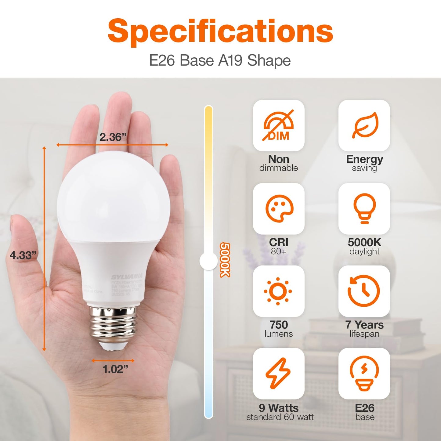 Sylvania ECO LED A19 Light Bulb, 60W Equivalent, Efficient 9W, 7 Year, 750 Lumens, Non-Dimmable, Frosted, 5000K, Daylight - 8 Pack (40883)