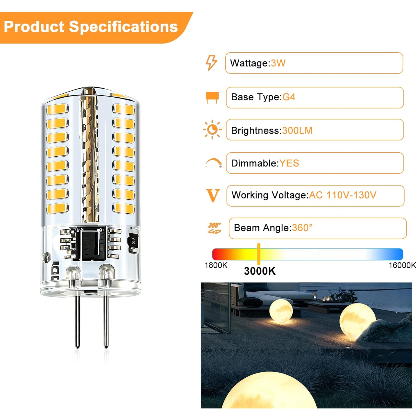 AC 110V-130V G4 LED Bulb Dimmable 3W 4000K 20W-30W Halogen Equivalent,10Pcs