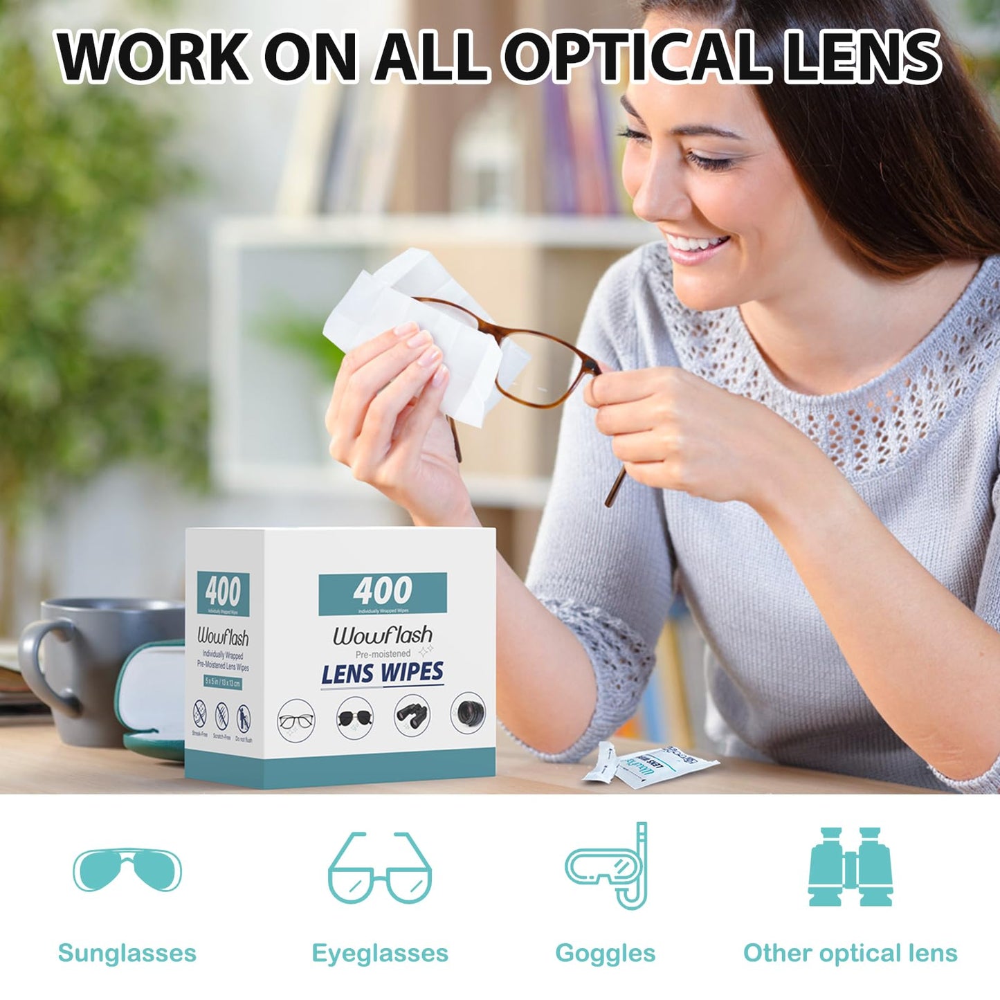 400 Count Lens Wipes for Eyeglasses, Eyeglass Lens Cleaning Wipes Pre-moistened Individually Wrapped Sracth-Free Streak-Free Eye Glasses Cleaner Wipes