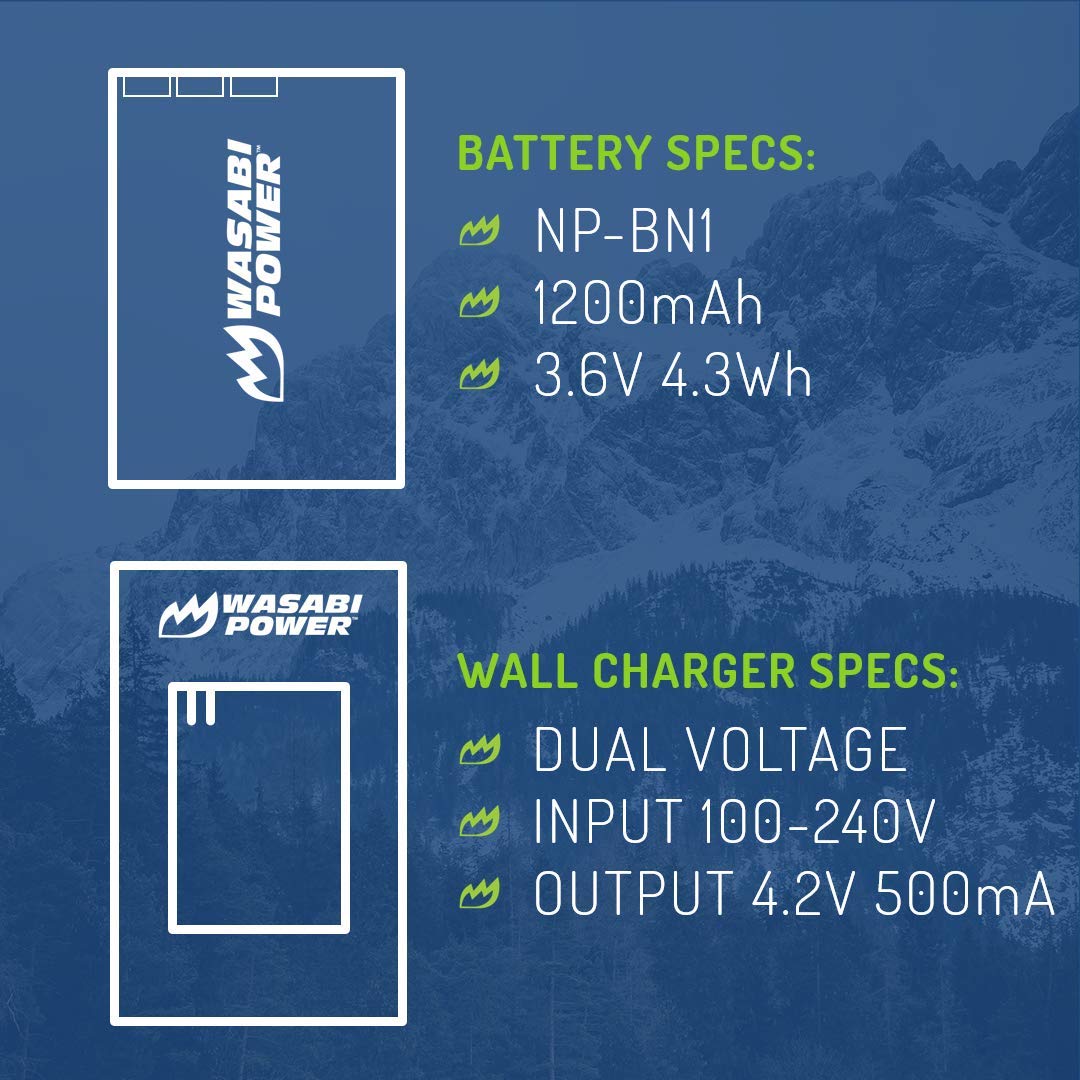Wasabi Power Battery (2-Pack) and Charger for Sony NP-BN1 and Sony Cyber-shot DSC-QX10, DSC-QX100, DSC-T99, DSC-T110, DSC-TF1, DSC-TX5, DSC-TX7