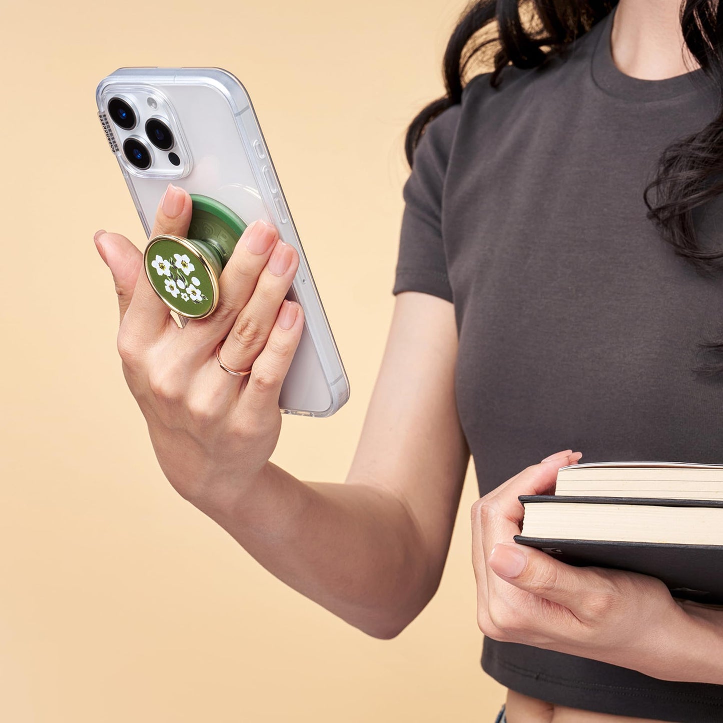 PopSockets Phone Grip for MagSafe, Magnetic Holder, Phone Stand, Green - Floral Relief