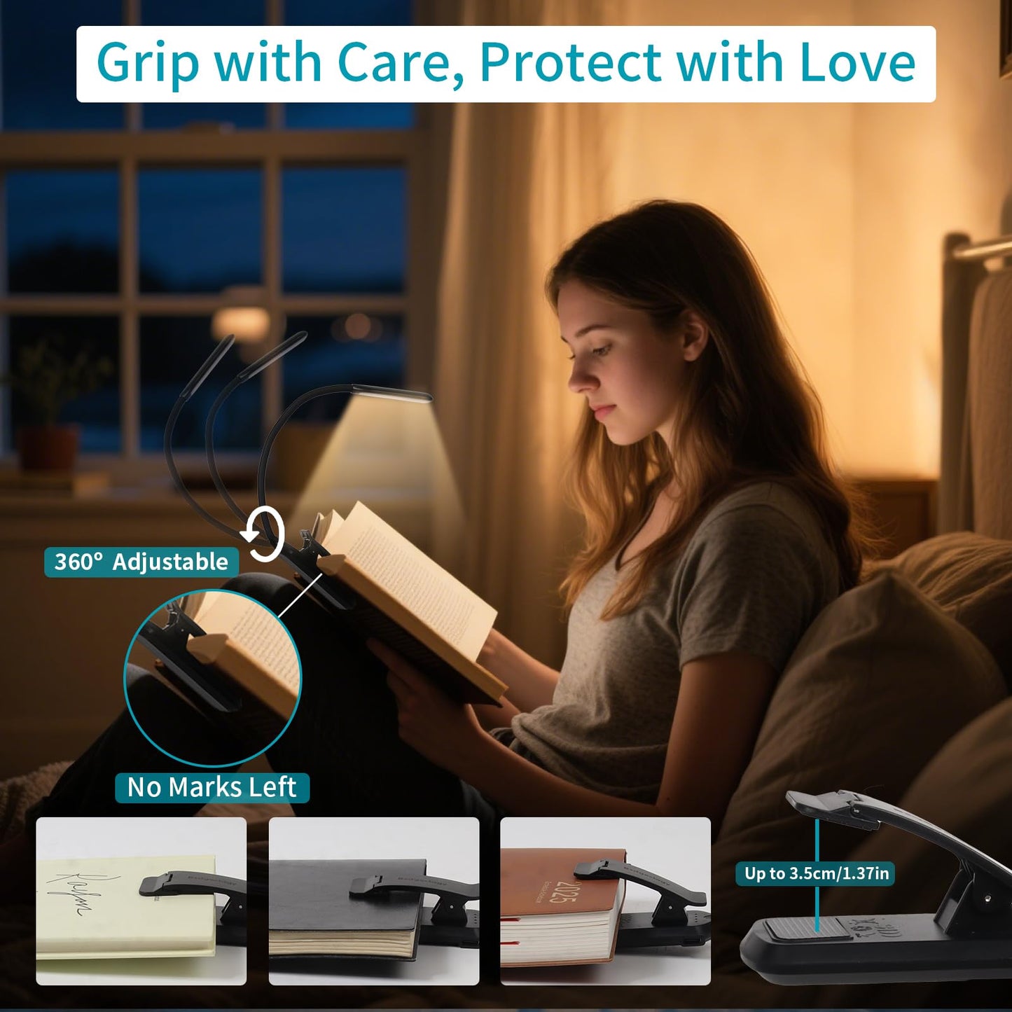 Bsdgeclogy 9 LED Rechargeable Book Light for Reading in Bed - Eye Caring with 3 Color Temperatures, 80 Hrs Runtime, Lightweight Clip-On Light for Book
