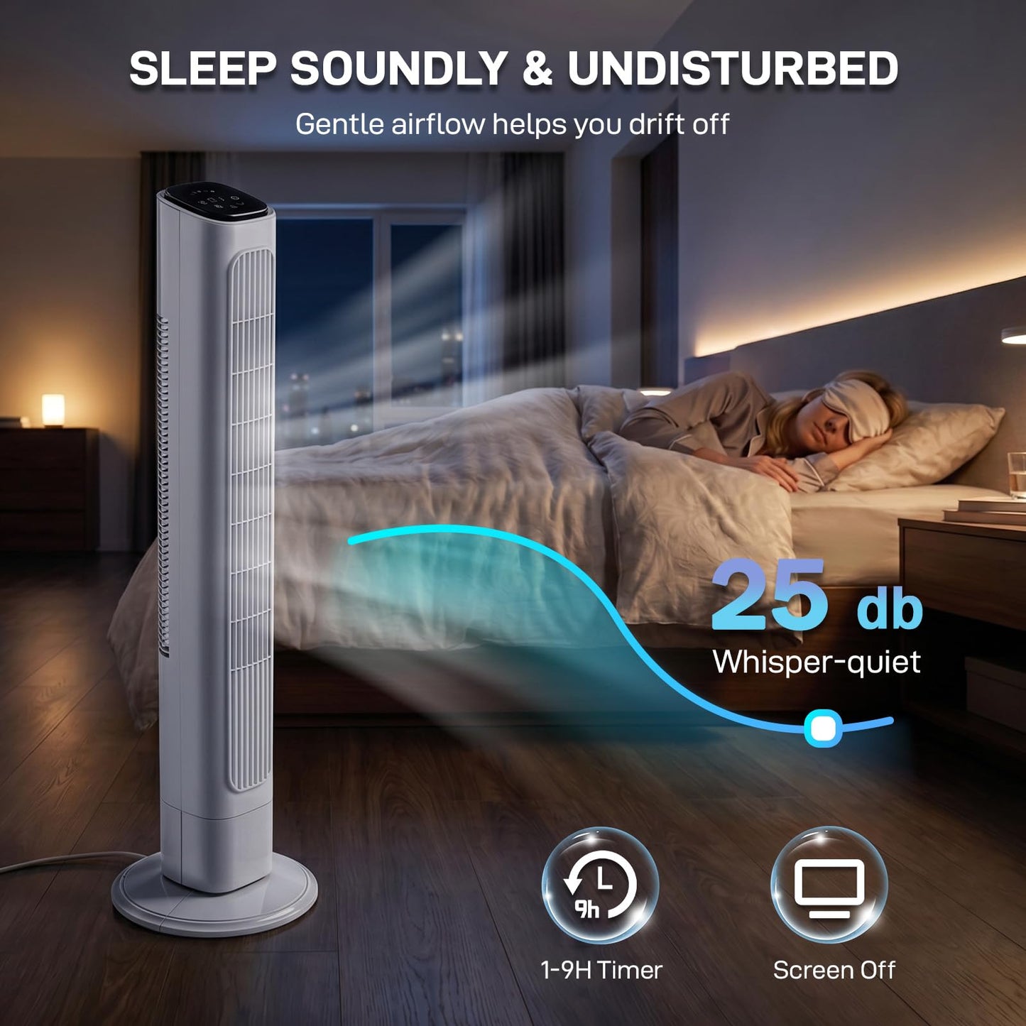 Pinikuyiro Tower Fan for Bedroom, 90° Oscillating Fans that Blow Cold Air, 3 Speeds,3 Modes, 9H Timer, Remote, Touch, 36" Standing Floor Fan for Home