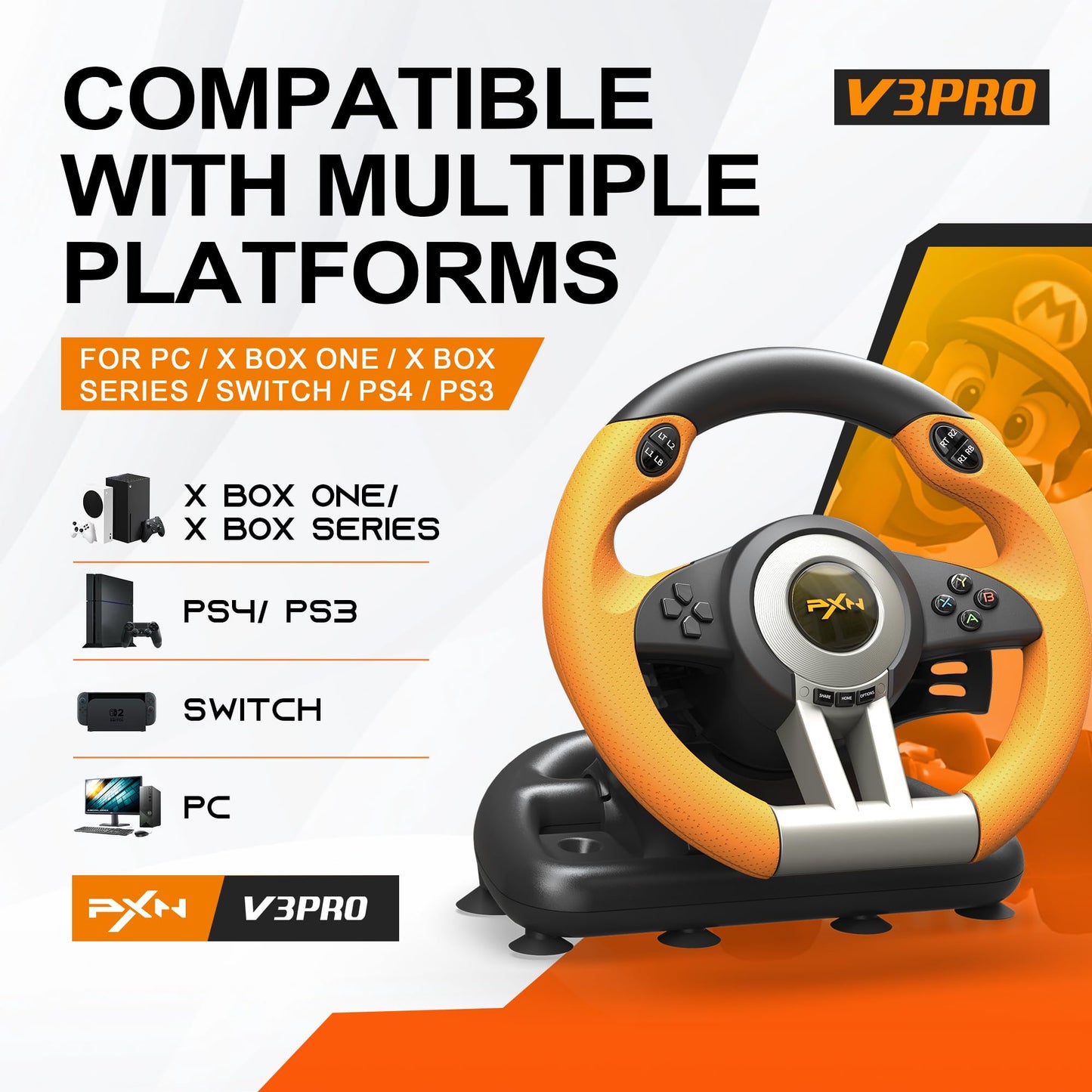 PXN PC Racing Wheel, V3 PRO 180 Degree Universal Usb Car Sim Race Steering Wheel with Pedals for PC, PS3, PS4, Xbox One, Xbox Series X/S, Switch
