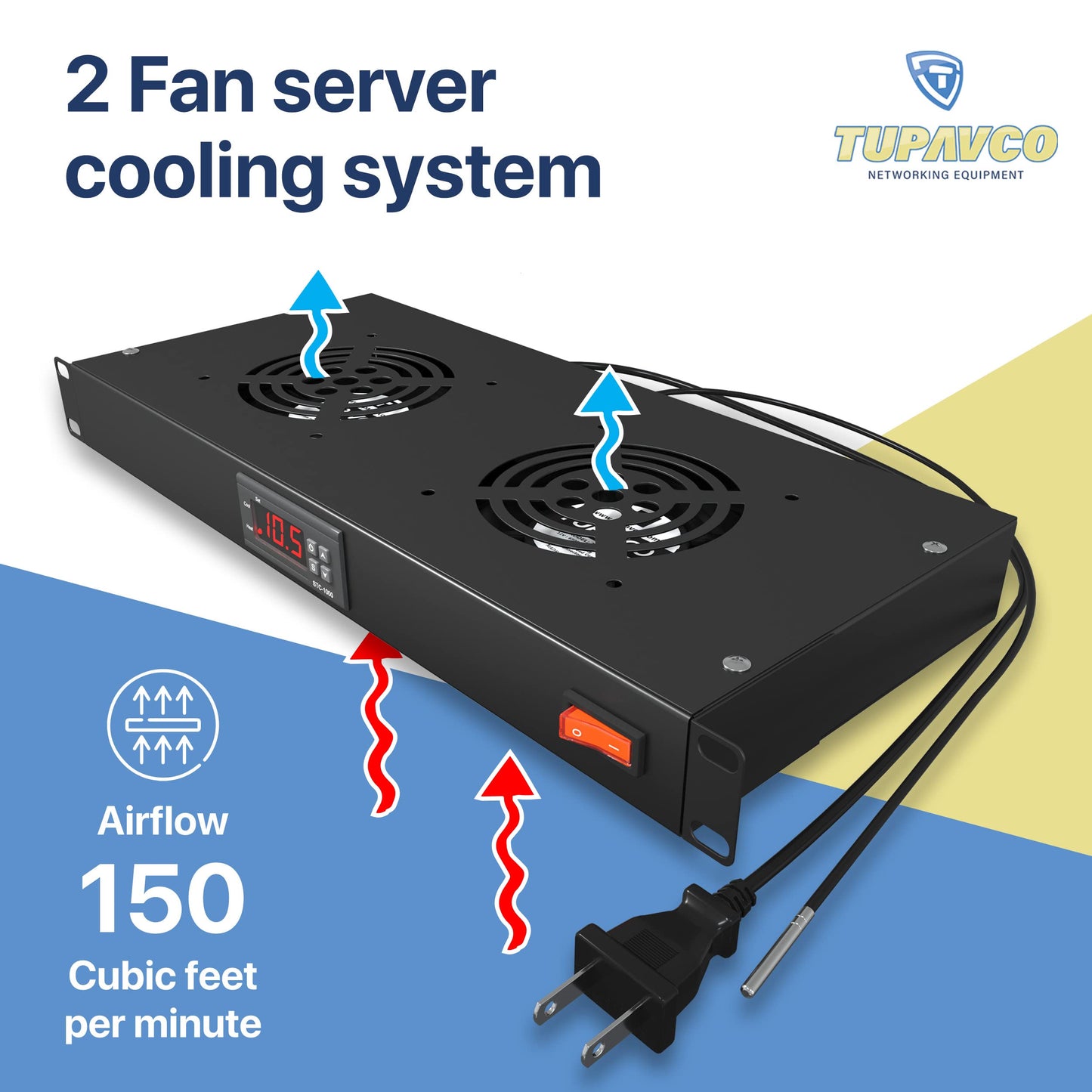Rack Mount Fan - 2 Fan Server Cooling System - 1U 19" Rackmount Cabinet Panel Adjustable Temperature Control (Digital Heat Monitor Display) Sensor