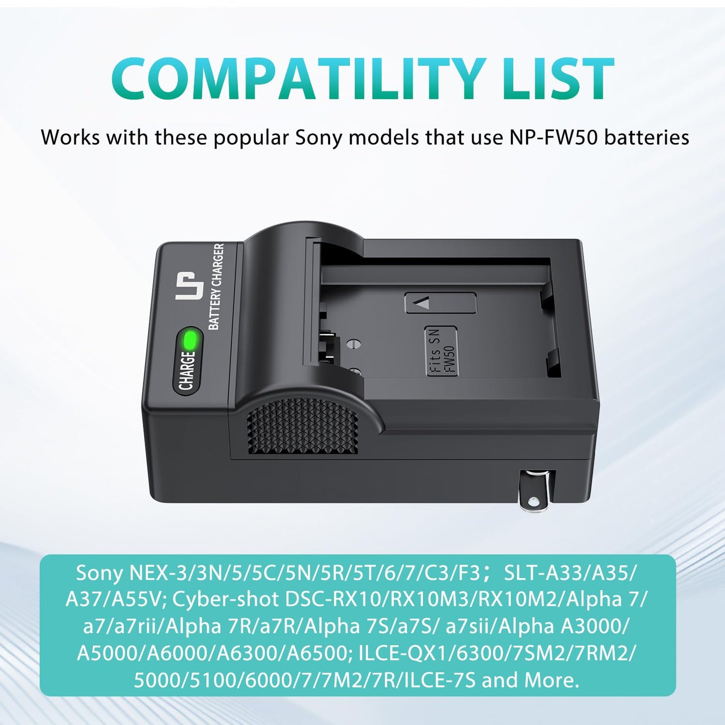 NP-FW50 Battery Charger, LP Charger Compatible with Sony Alpha A6000, A6400, A6100, A6300, A6500, A5100, A7, A7 II, A7R, A7R II, A7R2, A7S, A7S II