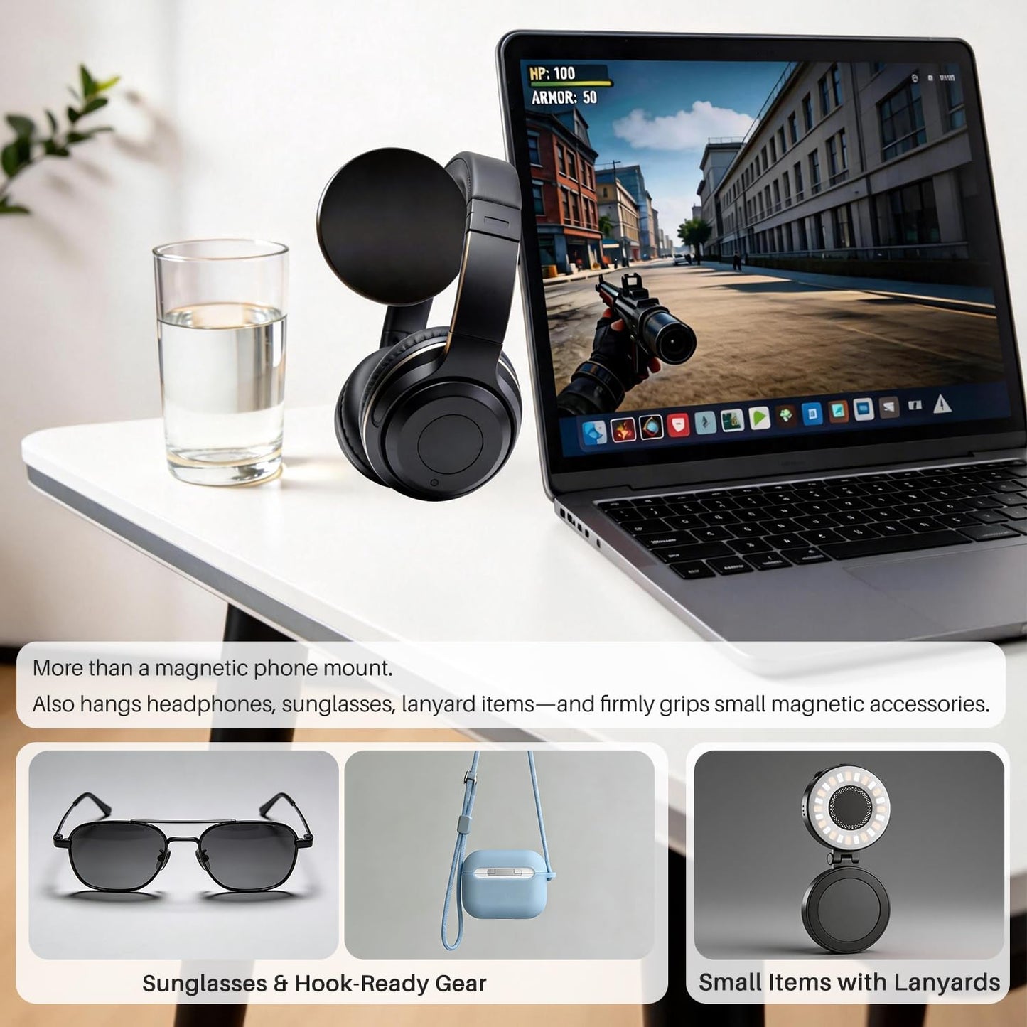 Jkoailiwi Magnetic Laptop Phone Holder Mount for Dual Screen, 180° Adjustable Edge Computer Phone Holder for Monitor's Top and Side, Extended Laptop