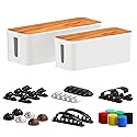 Cable Management Box 2 Pack with 16 Cable Clips Set-Large & Medium & Small Wooden Style Cable Organizer Box to Hide Wires&Power Strips | Cord