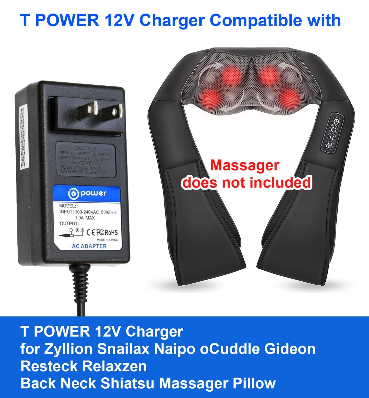 T POWER 12V Charger for Zyllion Snailax Naipo oCuddle Gideon Resteck Relaxzen TruMedic Back Neck Shiatsu Massager Pillow ZMA-25, ZMA-19, ZMA-13 Ac Dc…