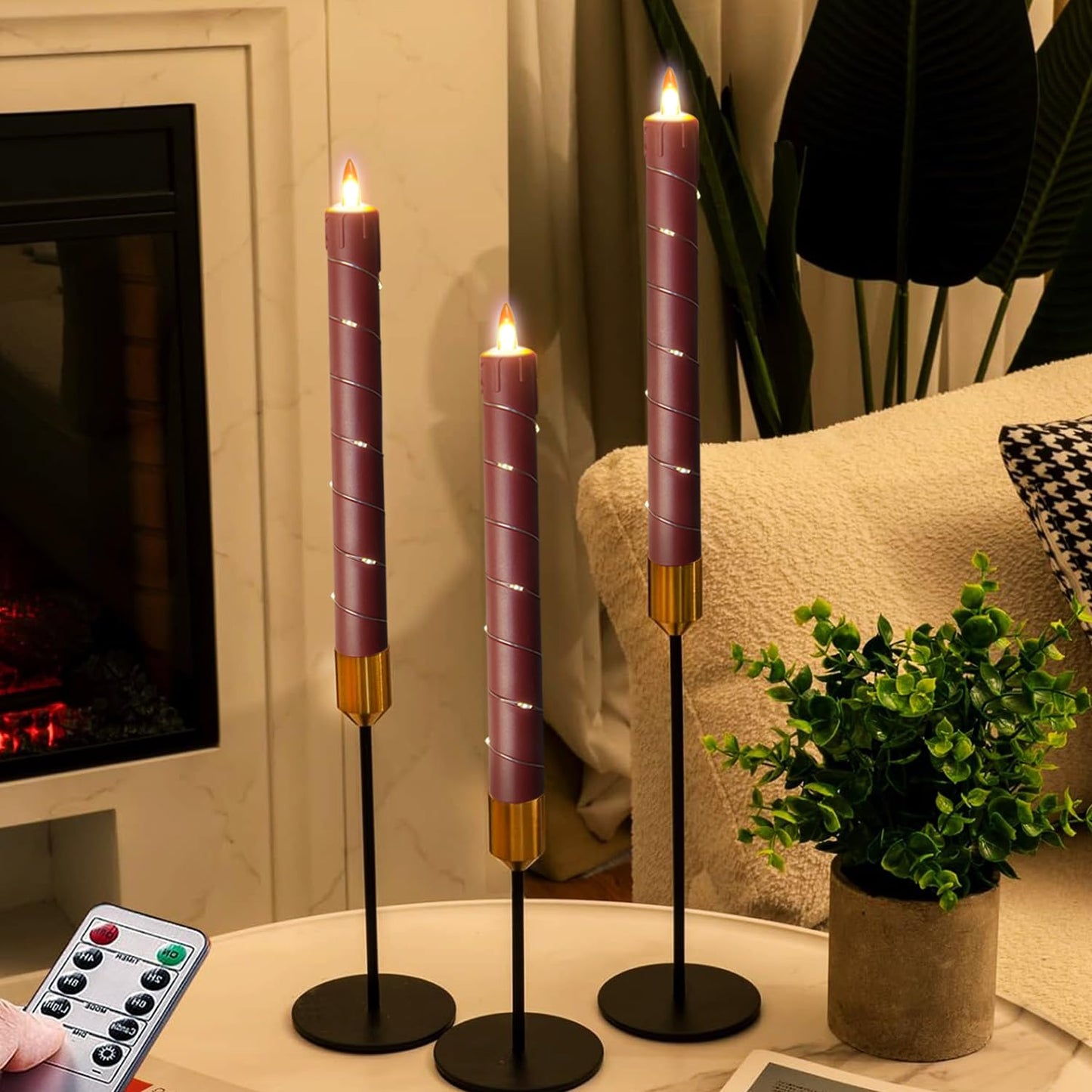 Danip Christmas red flameless Candle with String Light Window Candles with Remote Timer Battery Operated Taper Candle LED Pillar Candles Set of 6