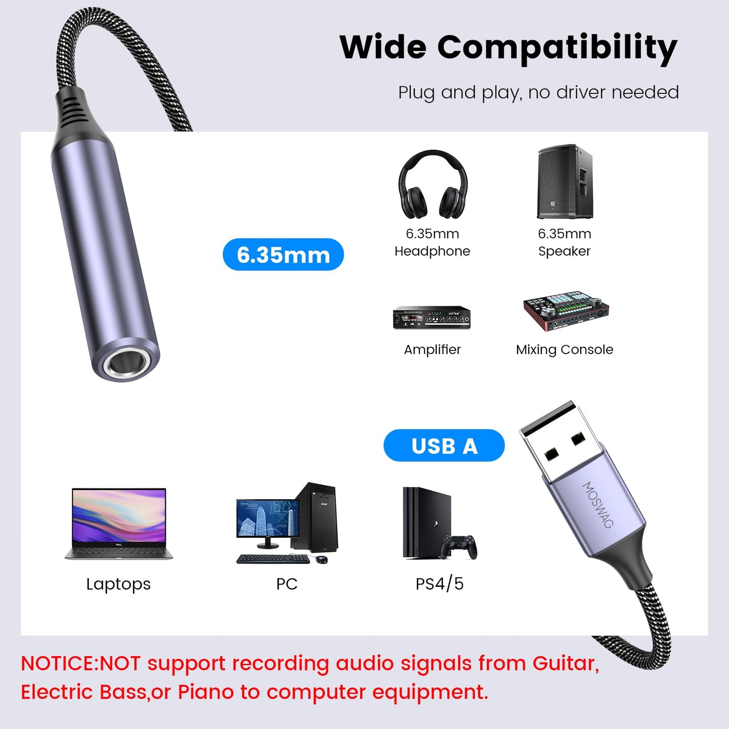 MOSWAG USB to 1/4 Jack Audio Adapter, USB to 6.35mm Female Headphone Aux Adapter with External Sound Card Compatible with Laptop, PC, Amplifier