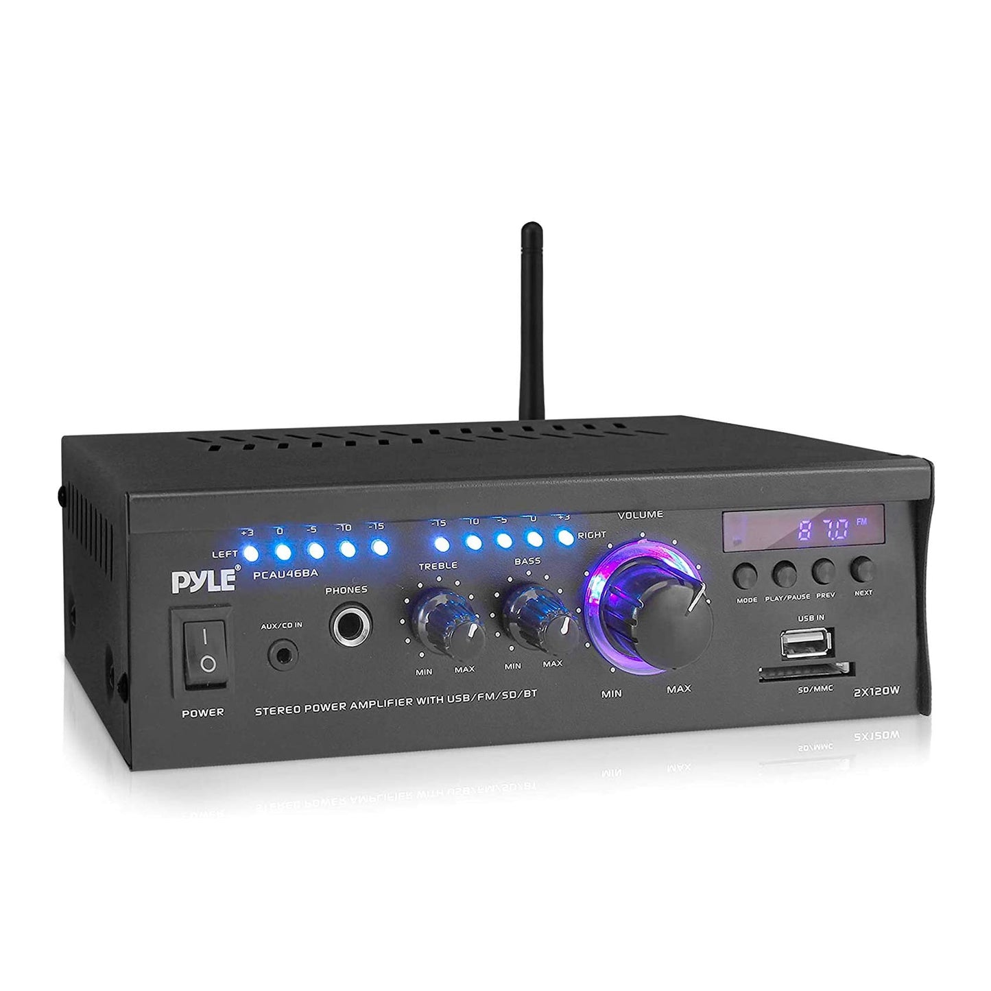 Pyle Home Power Amplifier with Bluetooth Wireless - 2 x 120 Watt Stereo Receiver w/ Blue LED Level Meter, FM Radio, USB-A Input w/ MP3 Player, SD Card