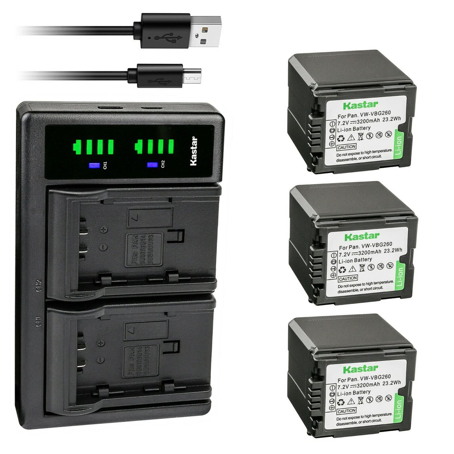 Kastar 3-Pack VW-VBG260 Battery and LTD2 USB Charger Replacement for Panasonic SDR-H90K, SDR-H90P, SDR-H90PC, SDR-H79, SDR-H79K, VDR-D50, VDR-D51