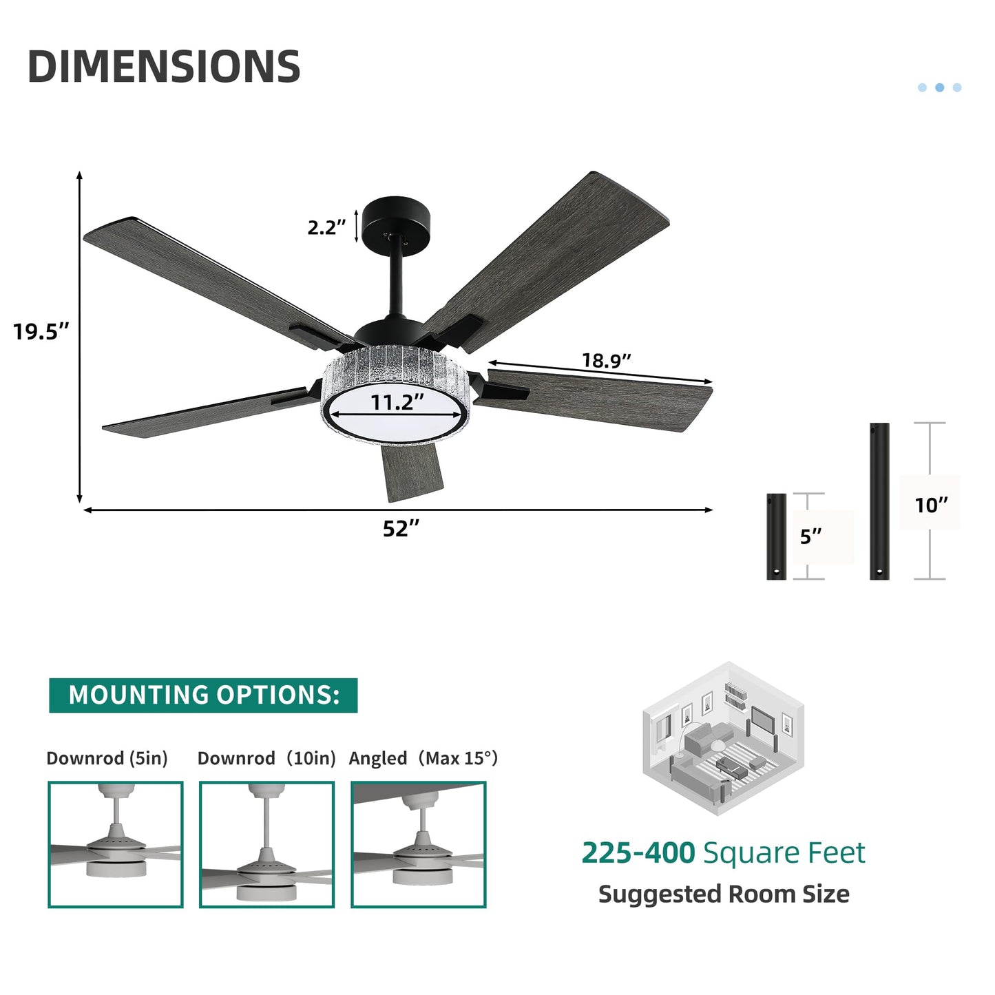 YITAHOME 52 Inch Black Chandelier Ceiling Fan with Lights