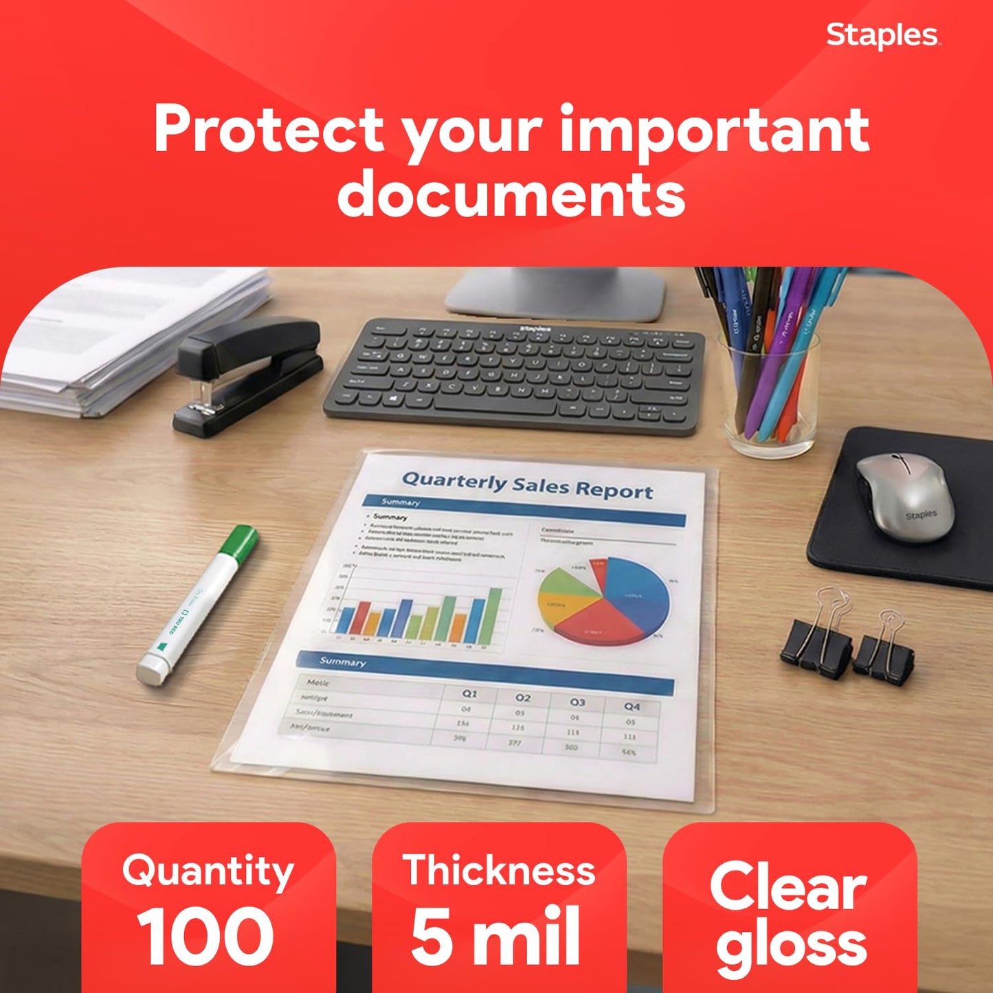 Staples Thermal Laminating Pouches, Letter Size, 5 Mil, 100/Pack (5204003/5204009)