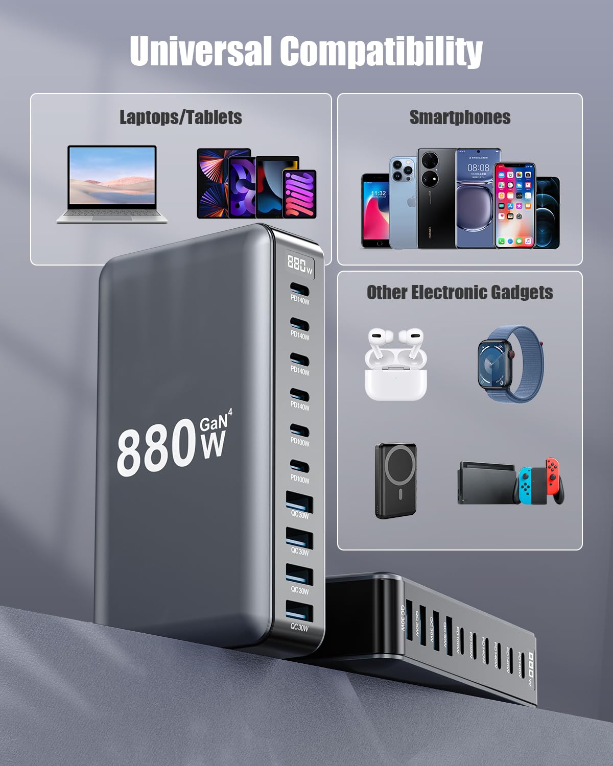 USB C Charger 880W USB C Charger Block,Upgraded GaN IV 10-Port Charging Station Hub,Travel Essentials 140W Fast Charging Laptop Adapter for MacBook
