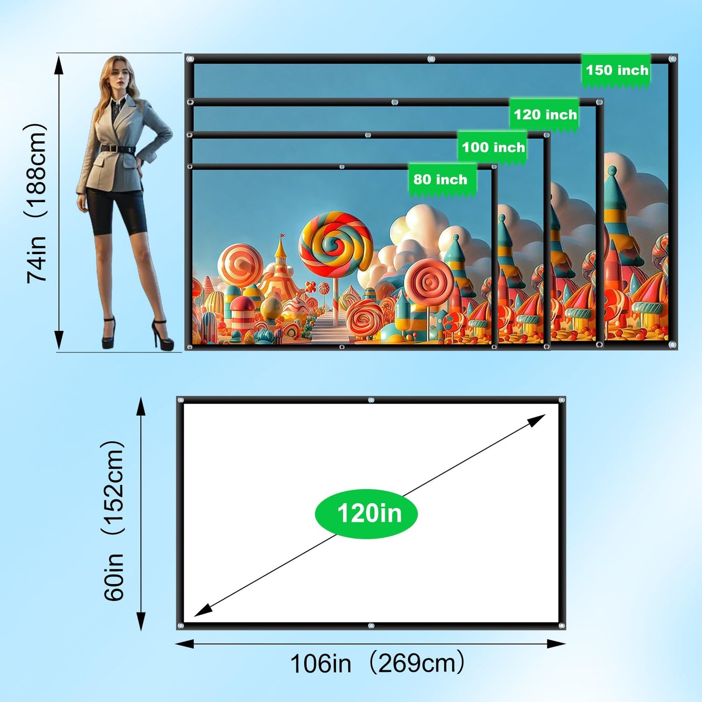 Outdoor Portable Projector Screen 120 Inch: 16:9 4K HD Foldable and Anti-Crease Projection Screen Support Double Sided Projection for Home Theater