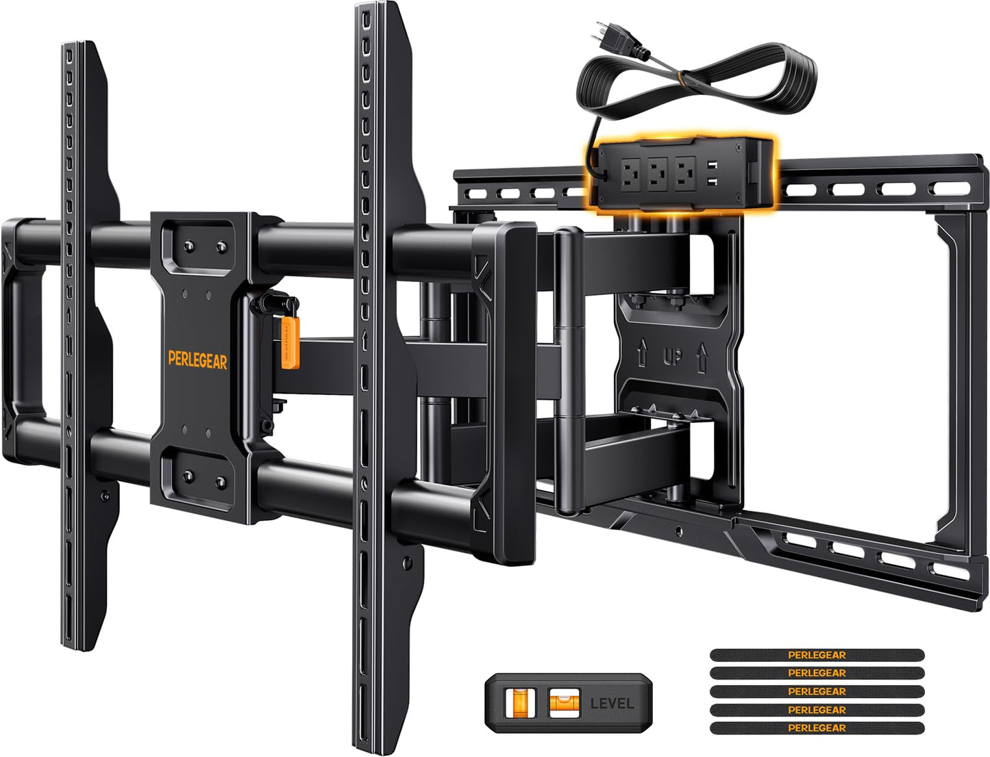 Perlegear Full Motion TV Wall Mount with Power Strip for 42-90 Inch TVs up to 150 lbs, Pre-Assembled TV Mount Has Smooth Swivel, Tilt, Extension, Max